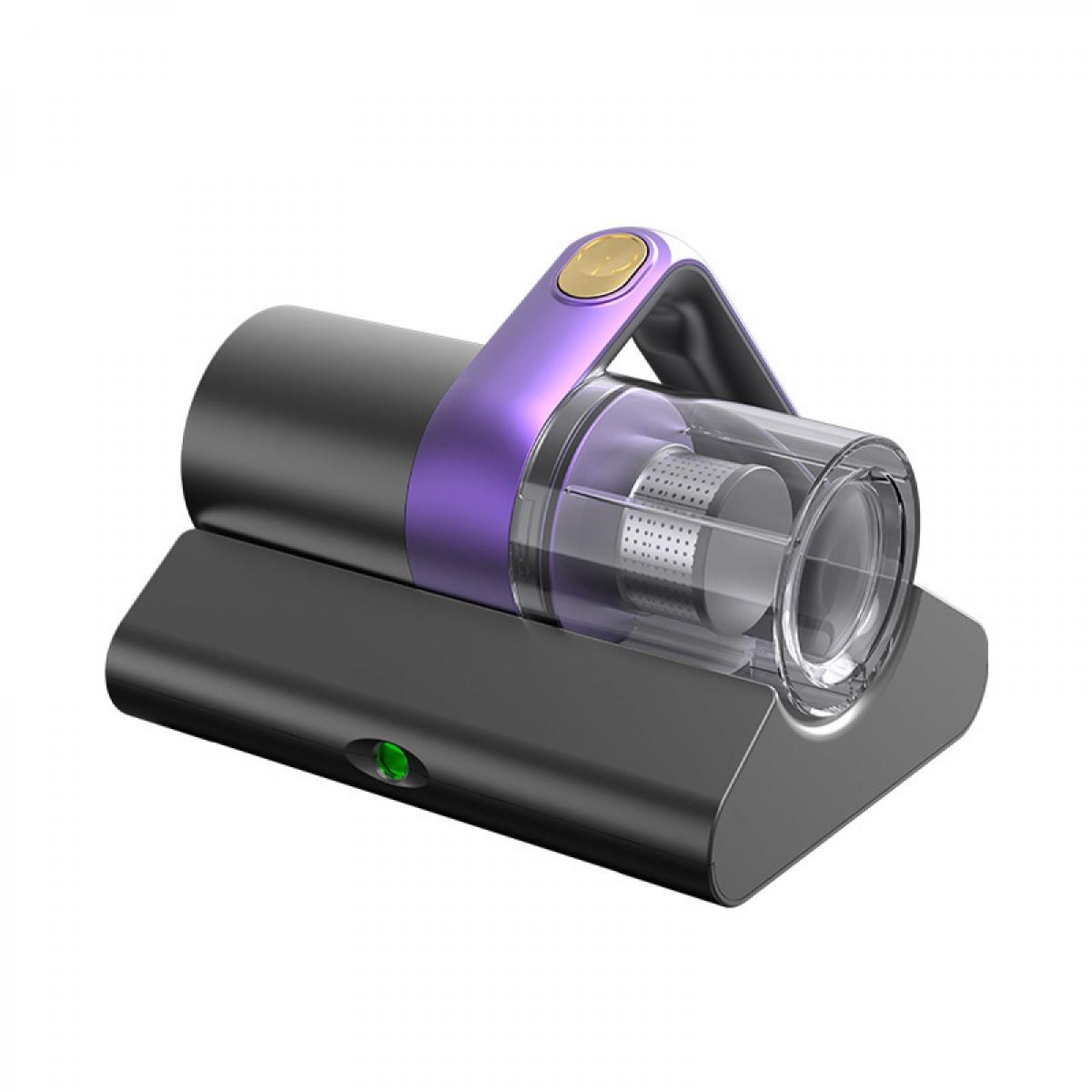 Ein Handstaubsauger. Er hat einen lila Griff und einen grauen Körper. Er steht auf einer schwarzen Ladestation.