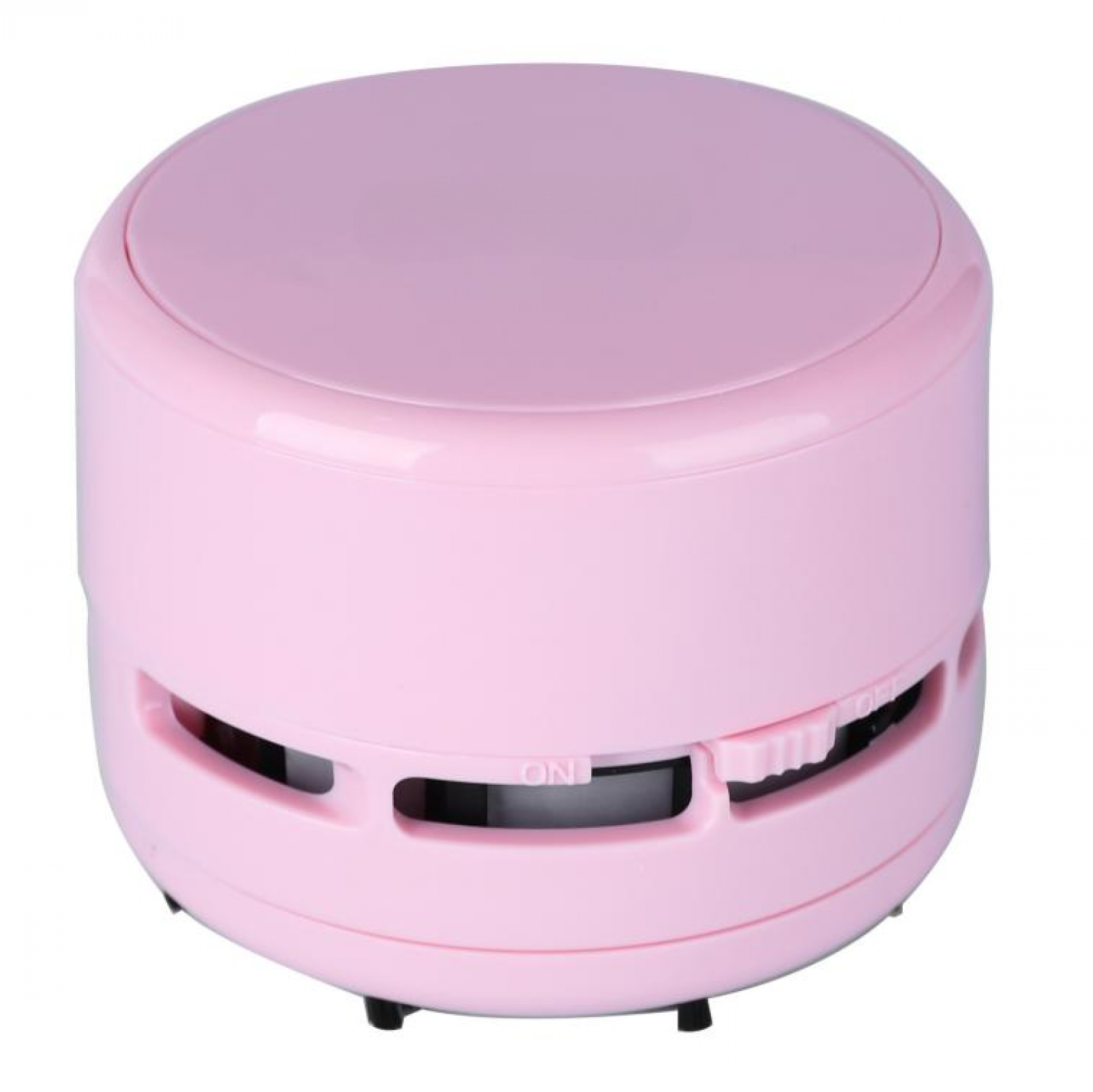 Ein kleiner, rosa zylindrischer Staubsauger. Er hat einen 'ON'- und 'OFF'-Schalter und einige Lüftungsschlitze. Auf weißem Hintergrund.