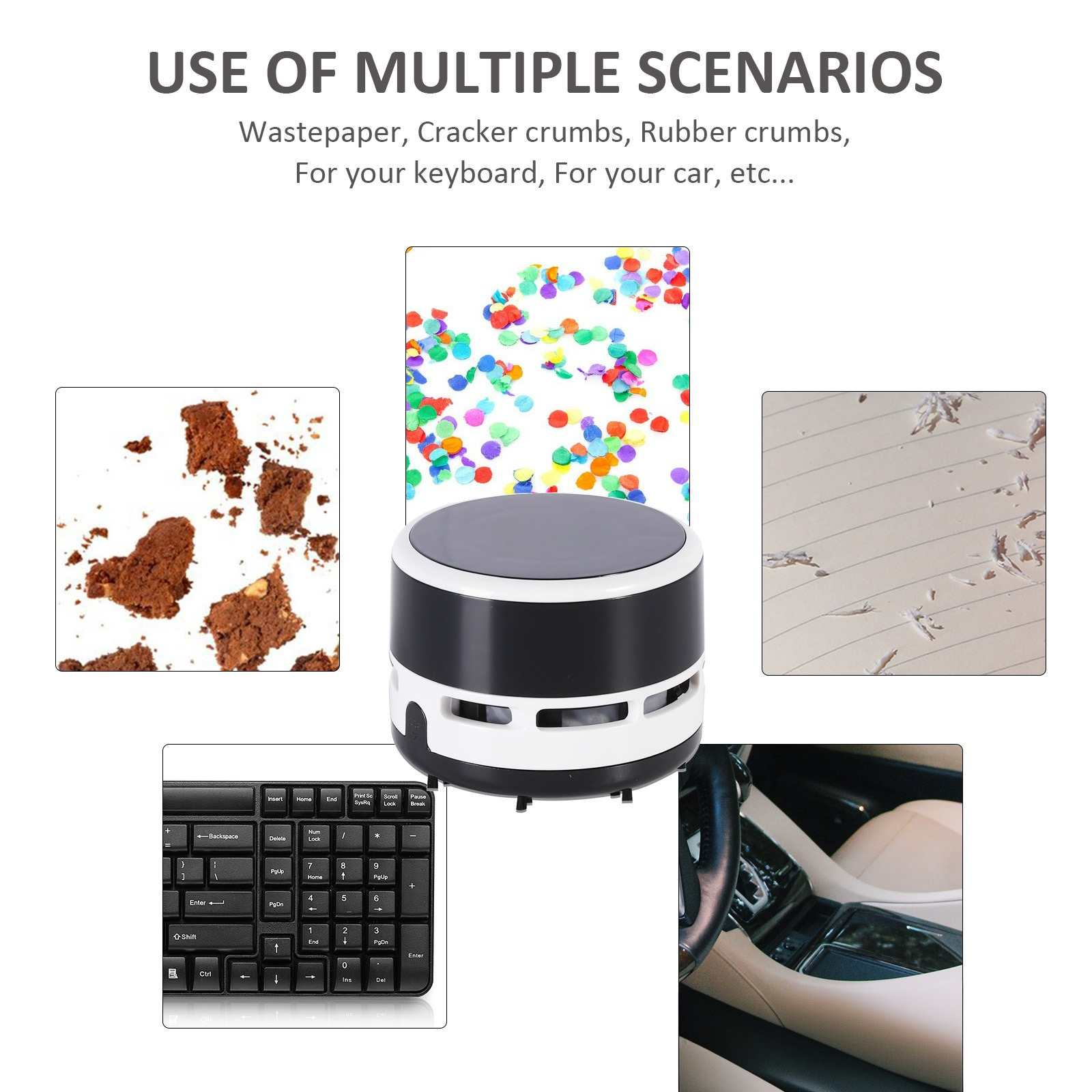 Das Bild zeigt einen schwarz-weißen Mini-Staubsauger mit Krümeln, einer Tastatur und einem Auto-Innenraum.