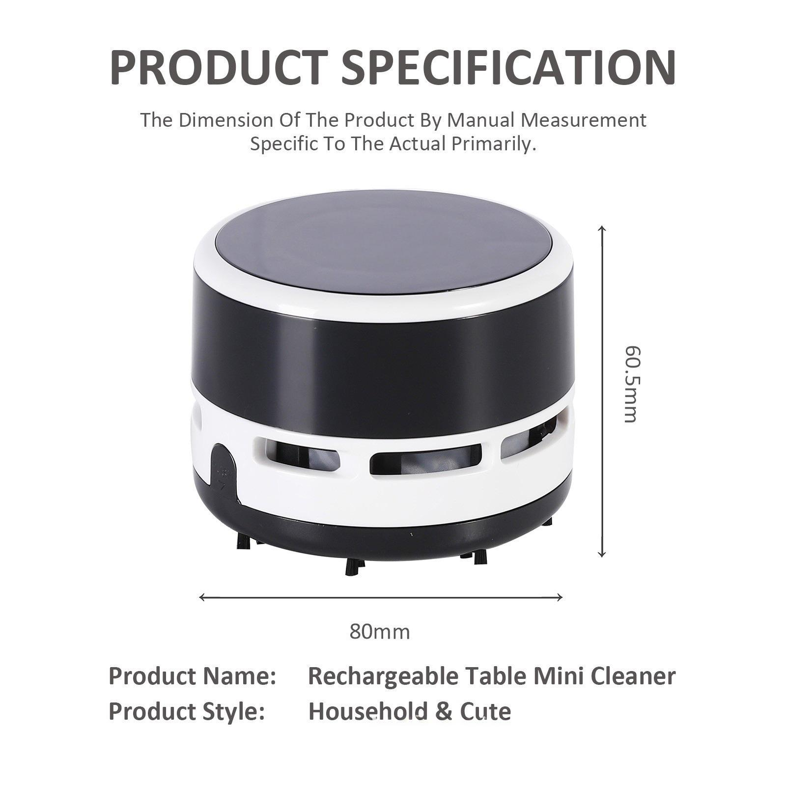 Ein wiederaufladbarer Mini-Tischreiniger in Schwarz und Weiß, mit Abmessungen und Produktspezifikationen.