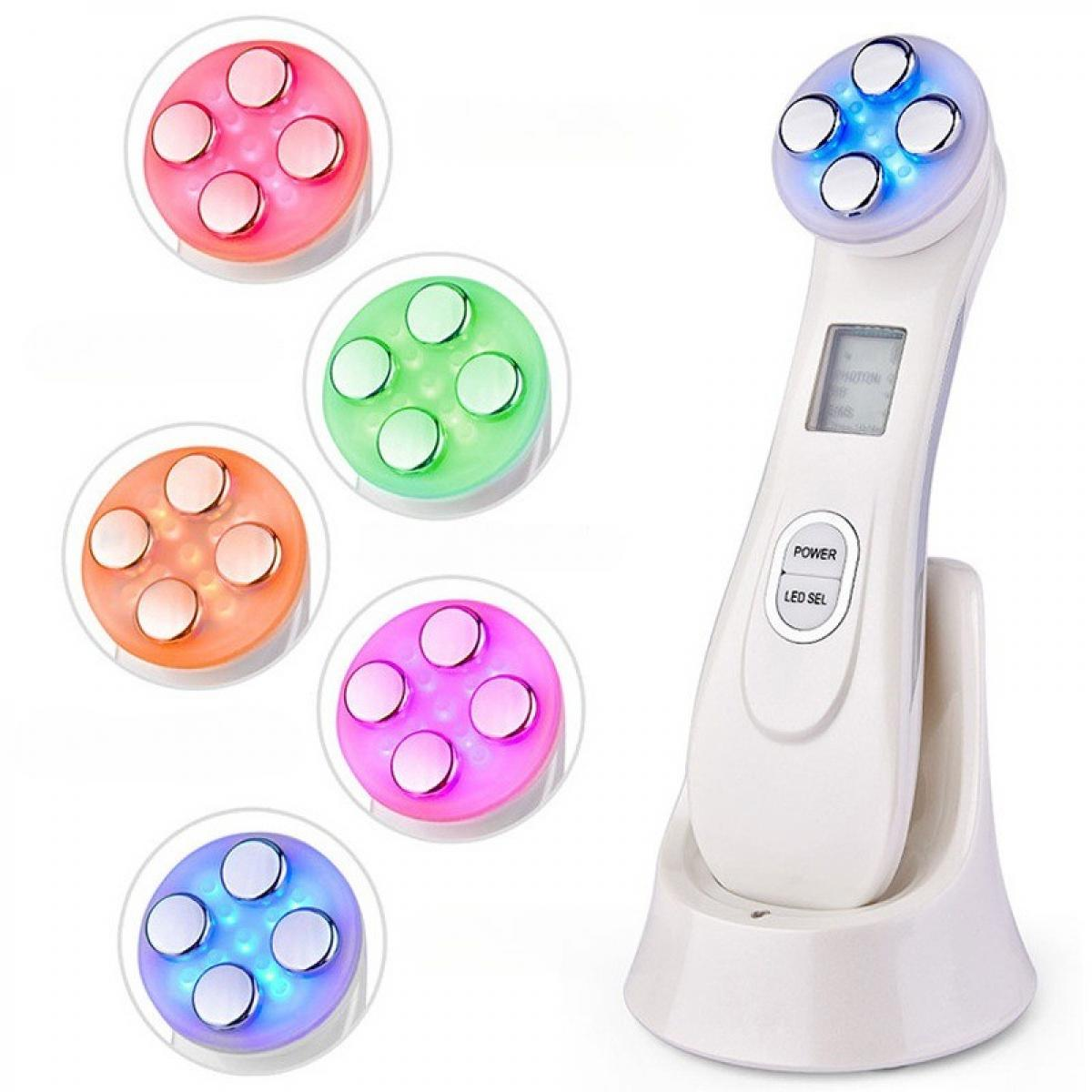 Ein weißes Gesichtspflegegerät mit farbigen LED-Köpfen. Es werden fünf runde, farbige LED-Köpfe angezeigt: rosa, grün, orange, lila und blau.