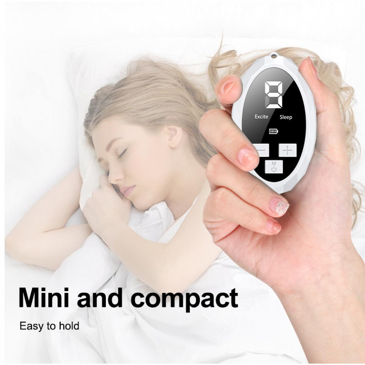 Eine Frau schläft neben einer Hand, die ein Schlafgerät hält. Das Gerät zeigt 9 an. Text: Mini und kompakt, leicht zu halten.