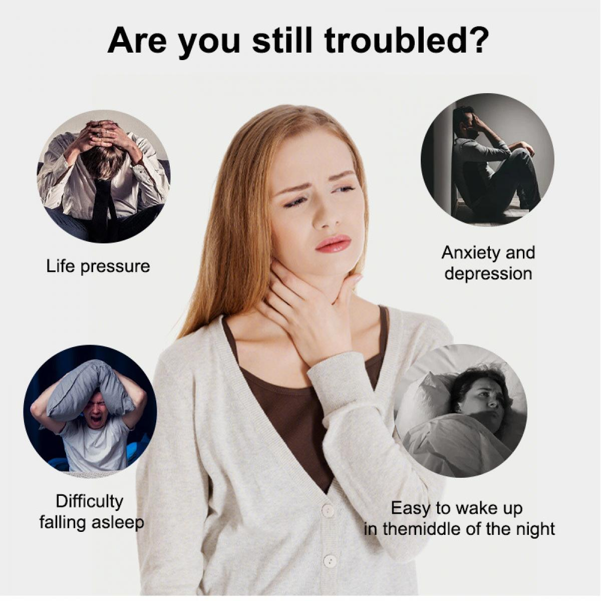 Das Bild zeigt eine Frau, die ihren Hals berührt, umgeben von Bildern von Stresssymptomen: Druck, Angstzustände, Schlafprobleme.