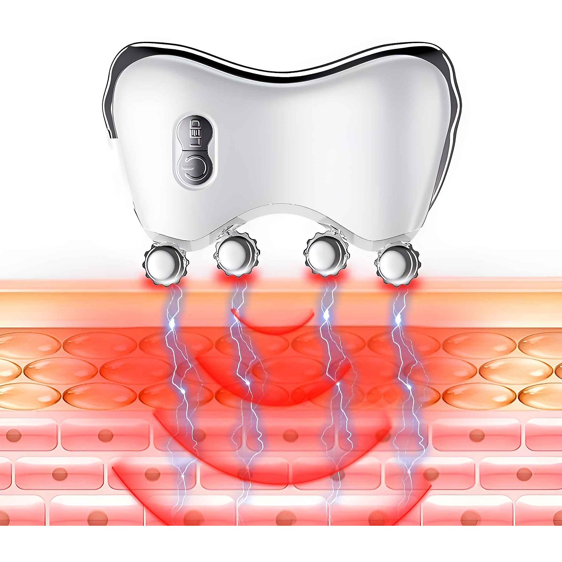 Ein weißes Gesichtsmassagegerät mit silbernen Details. Rotes Licht und blaue elektrische Funken dringen in die Hautschichten ein.