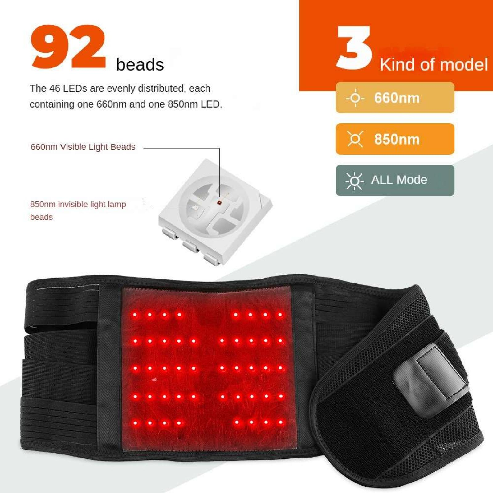Das Bild zeigt einen roten LED-Gürtel mit Spezifikationen und Diagrammen. Enthält 92 Perlen, 660 nm und 850 nm Einstellungen und alle Modi.