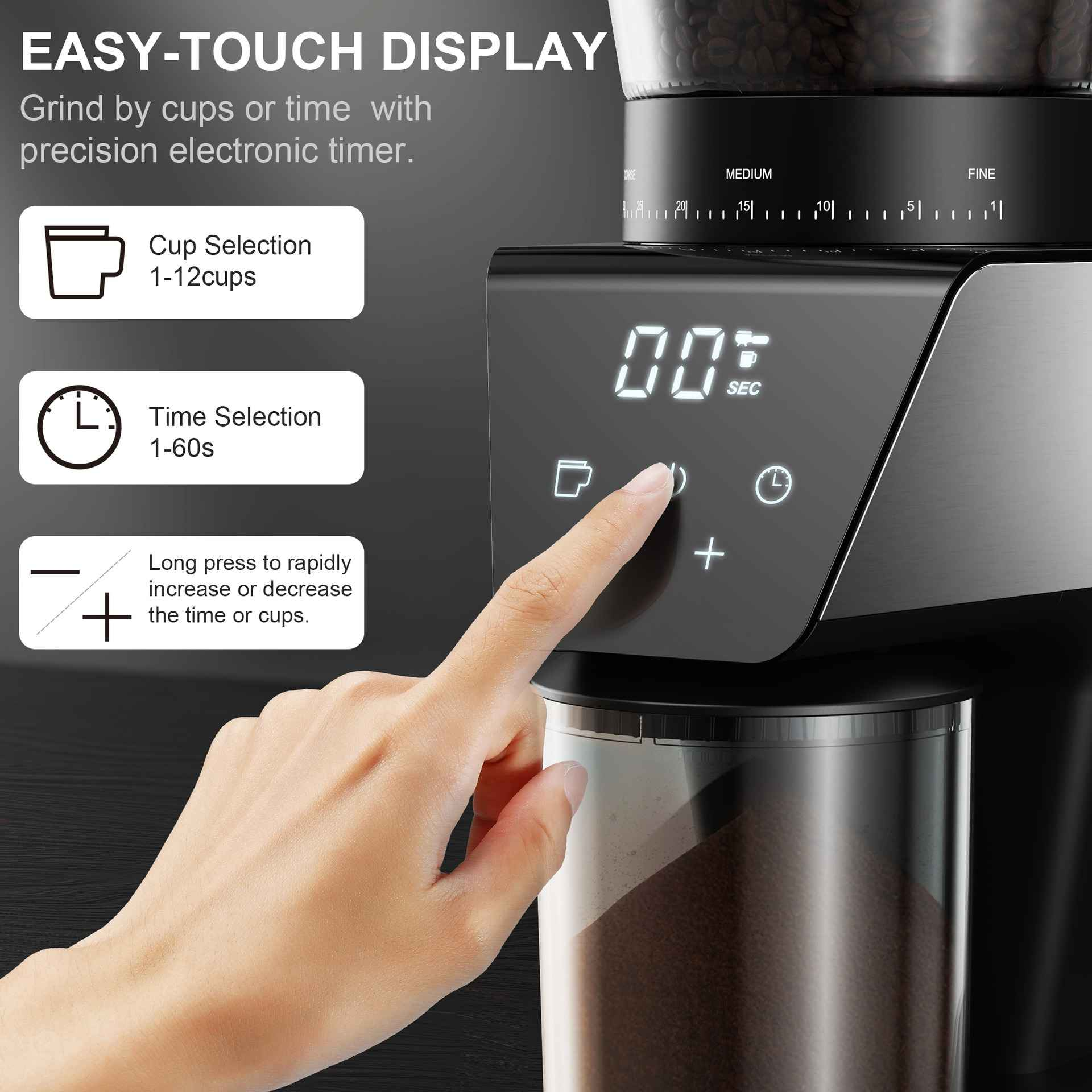 Eine Hand berührt das Display einer Kaffeemaschine. Das Display zeigt Einstellungen und einen Timer.