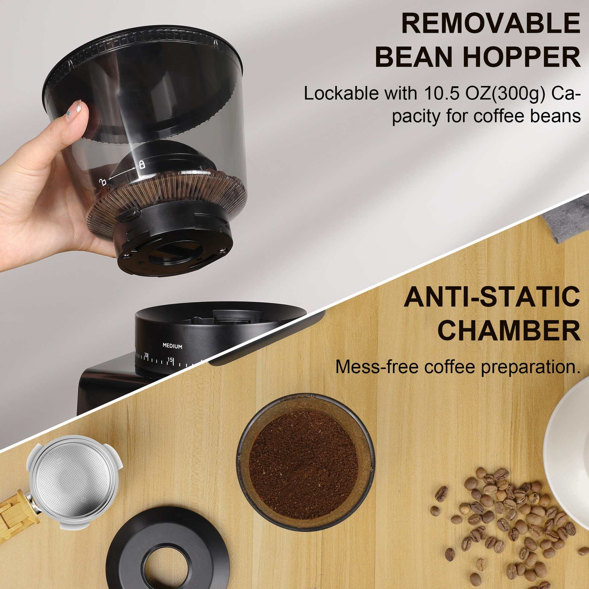 Gezeigte Kaffeemühle mit Bohnen. Eine Hand hält den abnehmbaren Bohnenbehälter, der verschließbar ist.
