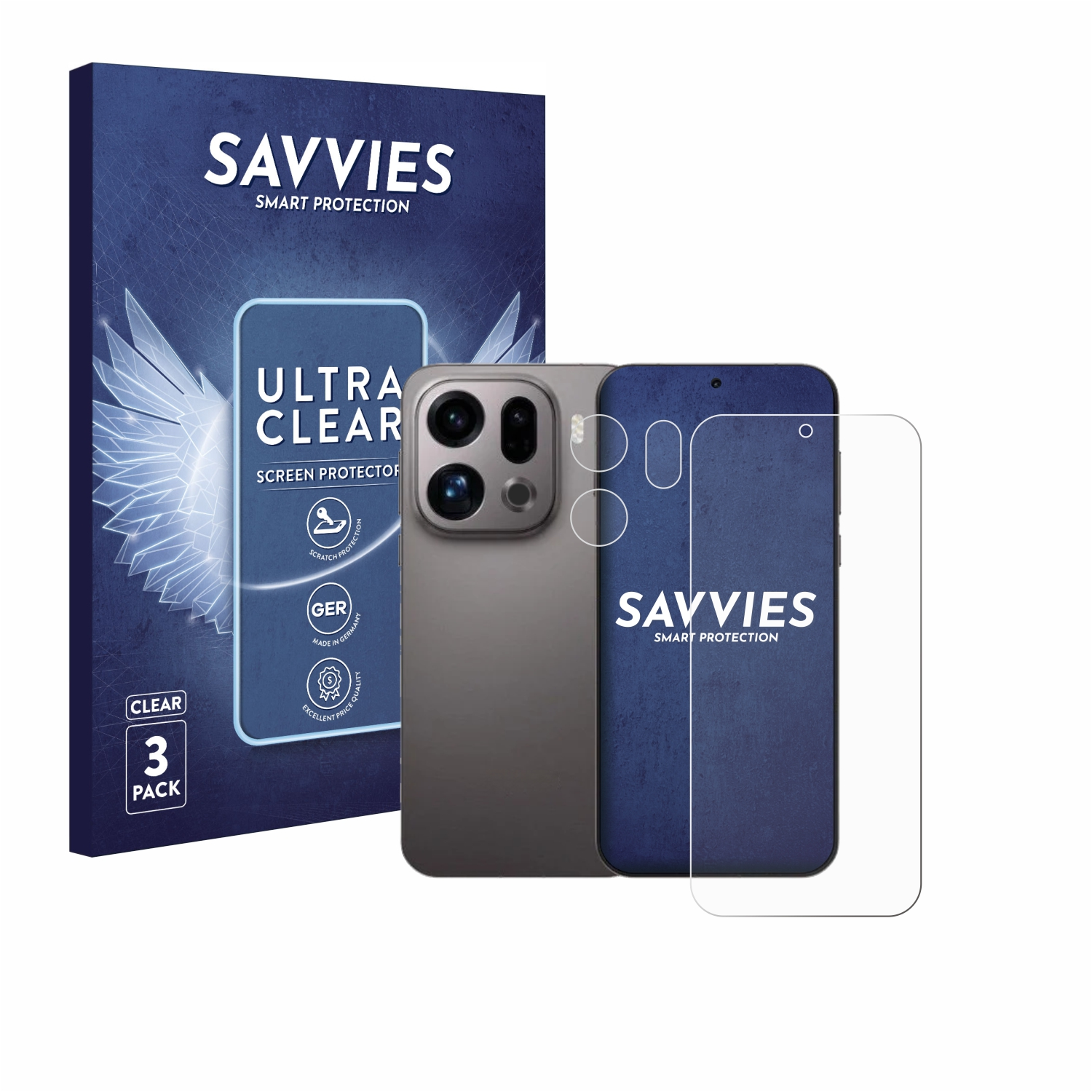 Ein Telefon, ein Displayschutz und eine Schachtel. Die Schachtel hat das Savvies-Logo und ein Etikett für den Displayschutz.