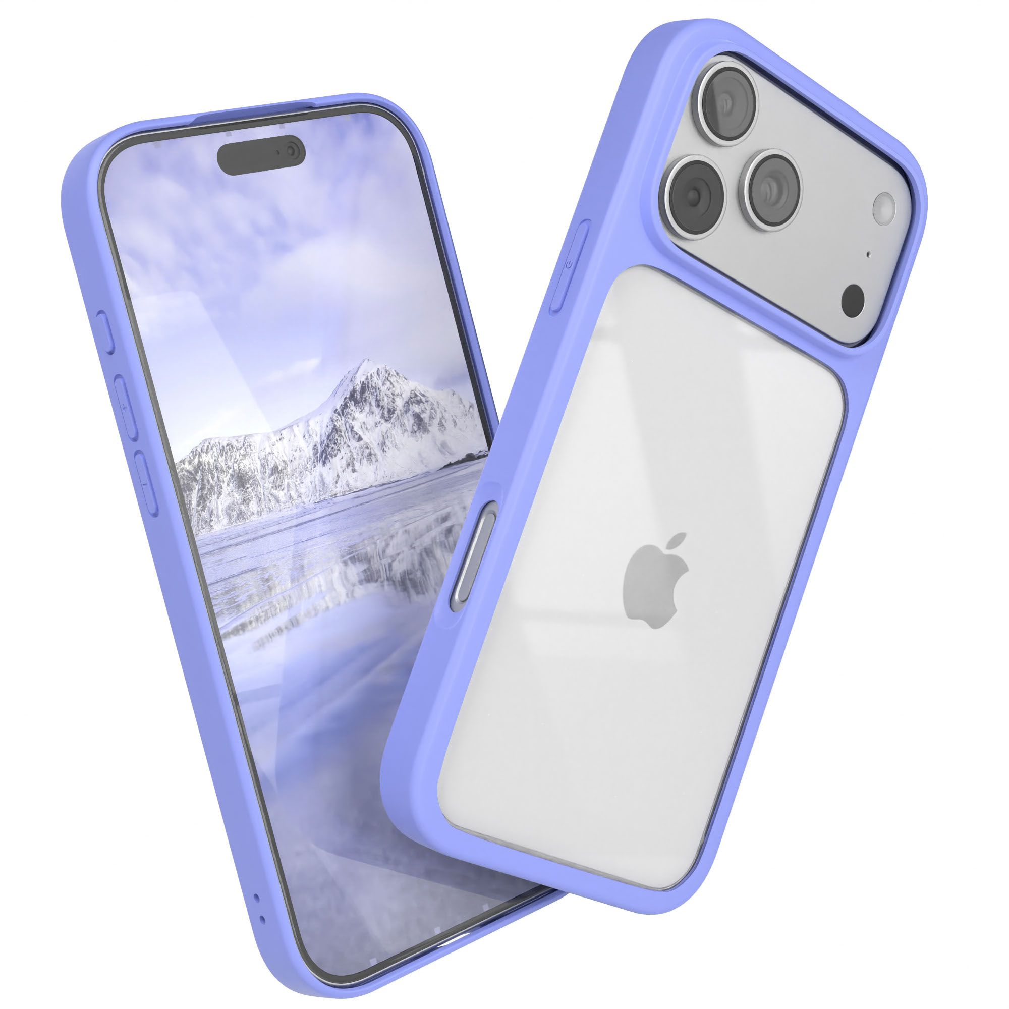 Zwei Smartphones mit hellvioletten Hüllen. Eines zeigt eine schneebedeckte Berglandschaft. Apple-Logo auf der Rückseite.