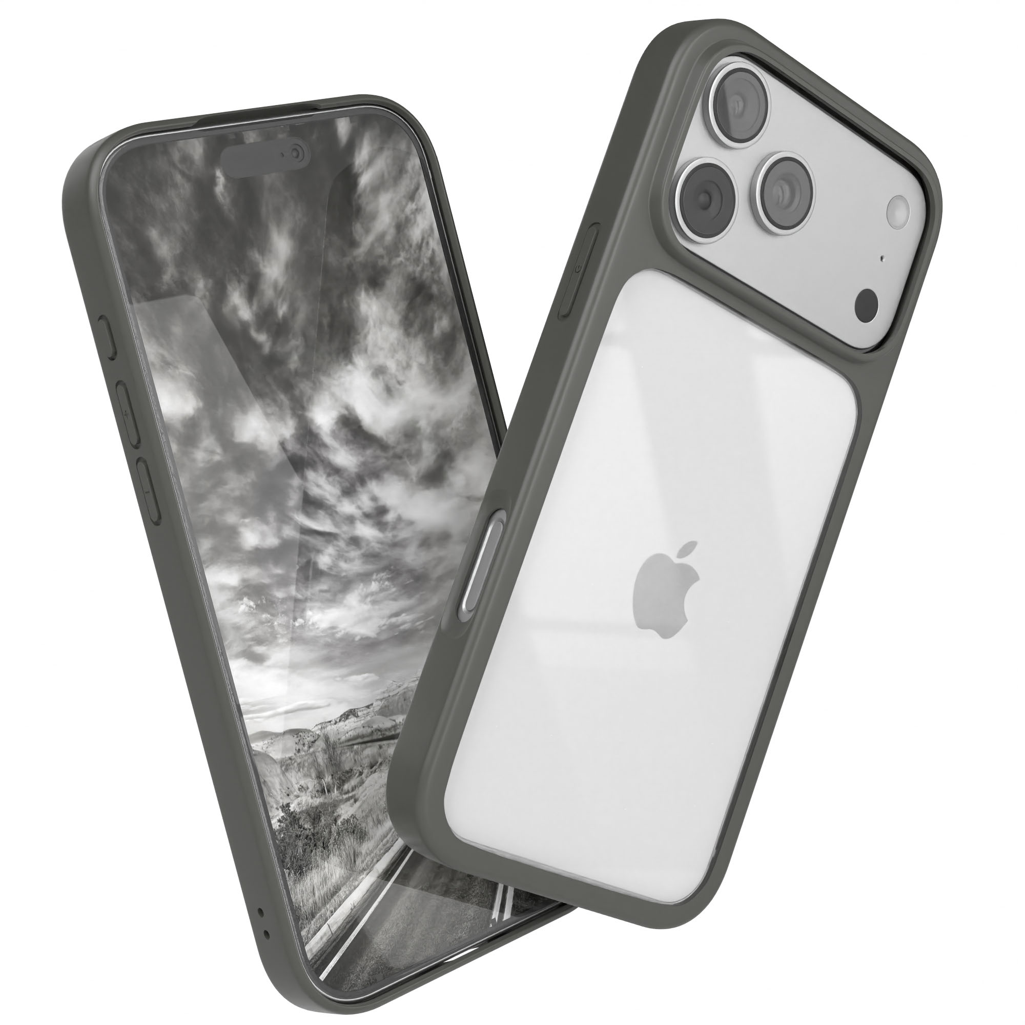 Zwei Smartphones in Hüllen, eines zeigt eine Landschaft. Apple-Logo sichtbar auf dem anderen. Hüllen sind grau.