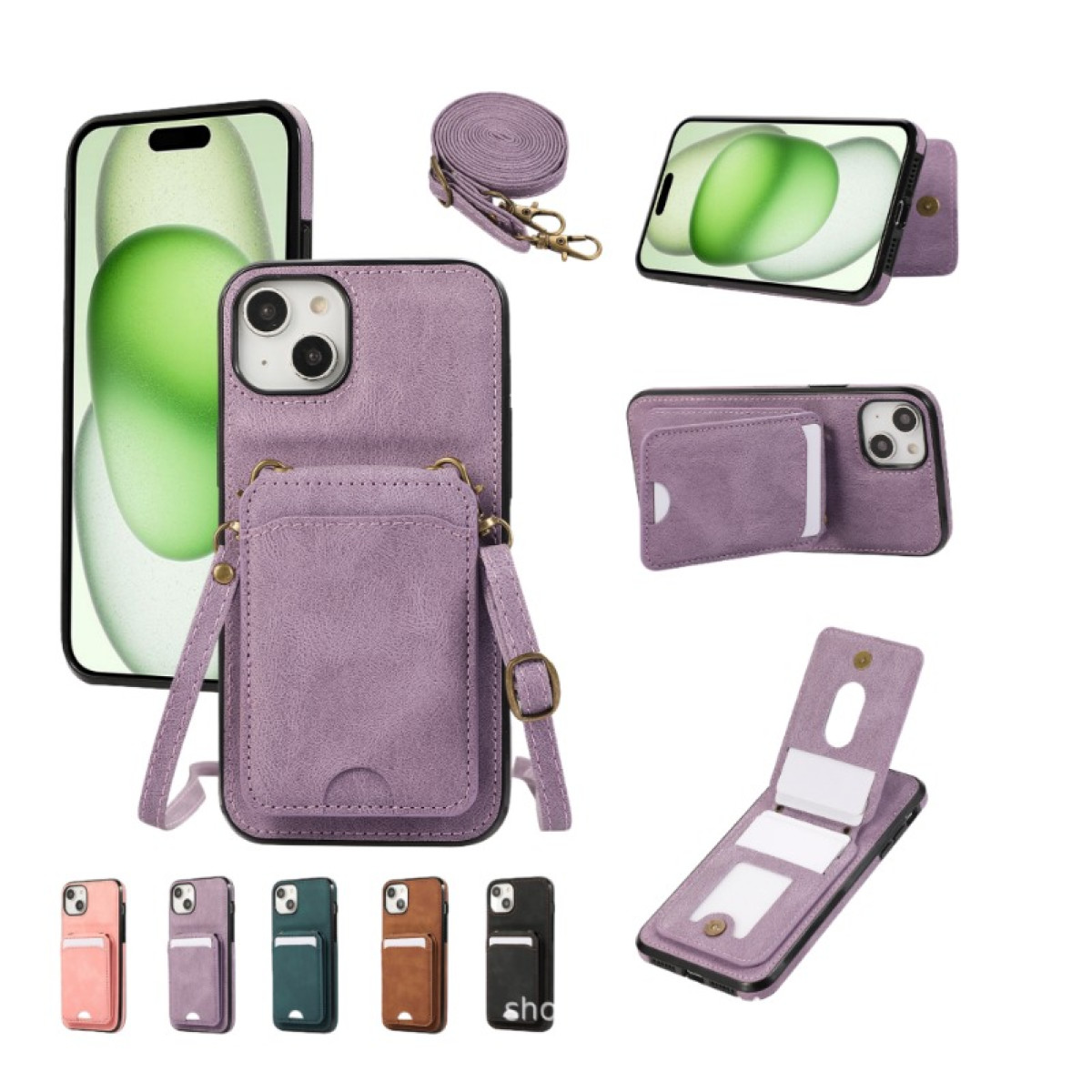 Una custodia per telefono viola con tracolla, mostrata in più viste. Include una sezione portafoglio e varie opzioni di colore.