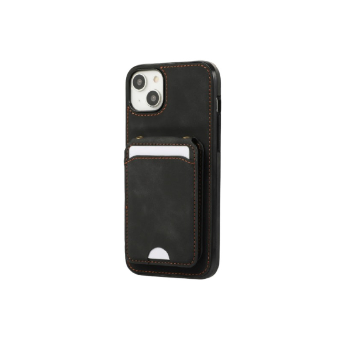 Custodia nera per telefono con porta carte. Cuciture arancioni. Sfondo bianco.