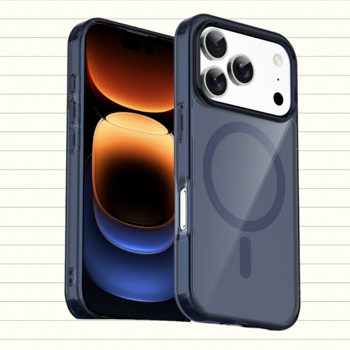 Zwei Smartphones in Schutzhüllen. Ein Telefon zeigt den Bildschirm. Die Hüllen sind blau und transparent, mit Kameraausschnitten und einem runden Design.