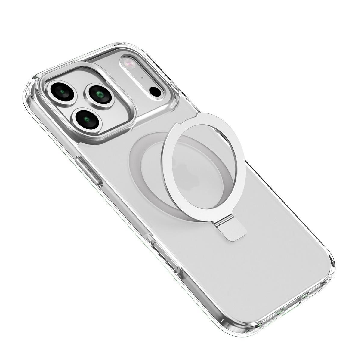 Eine transparente Handyhülle mit einem silbernen Ringständer ist angewinkelt. Die Hülle hat einen Kameraausschnitt mit drei Linsen. Der Hintergrund ist weiß.
