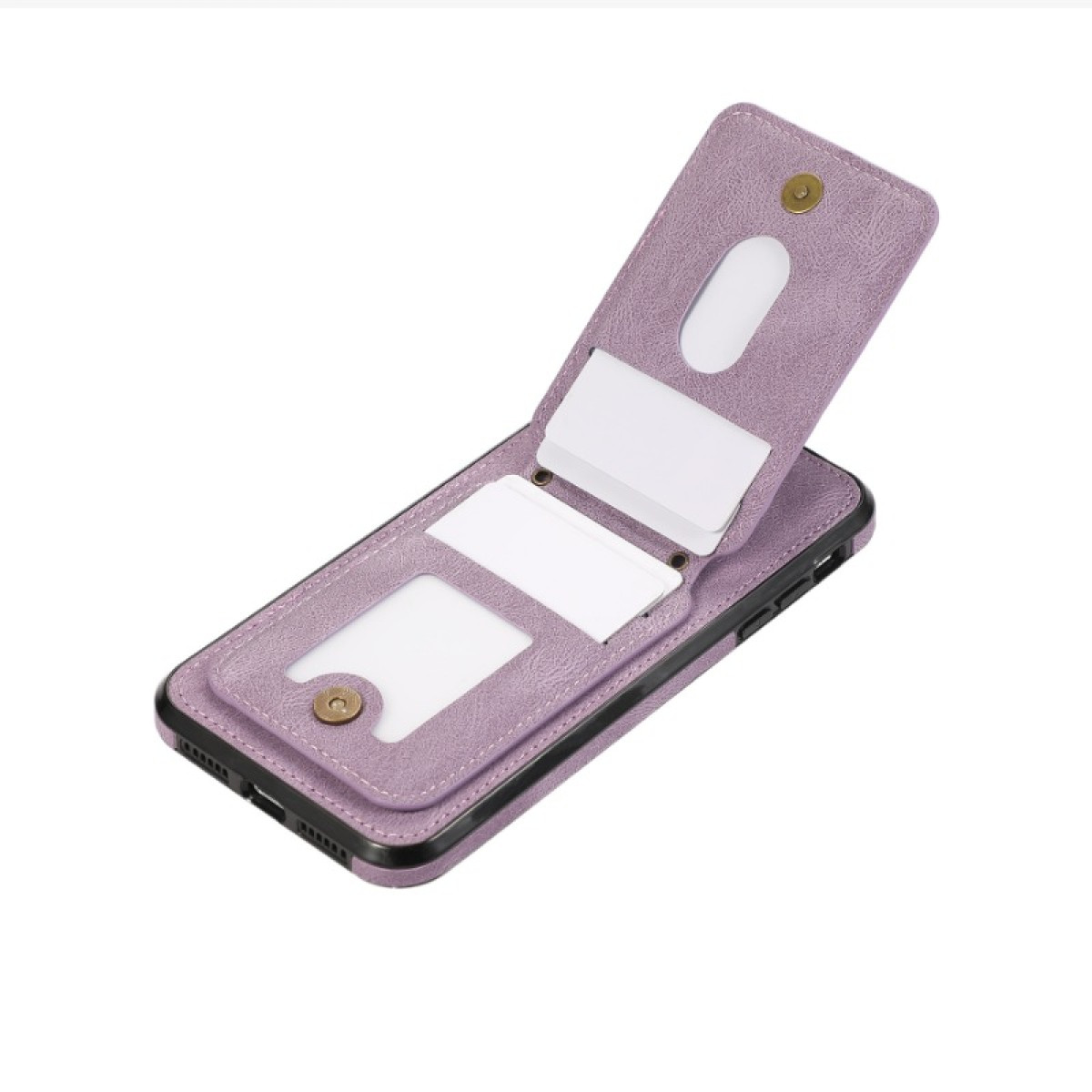 Una custodia per telefono in pelle viola è aperta, rivelando fessure per carte. La custodia è su sfondo bianco. È una custodia a libro con chiusura magnetica.