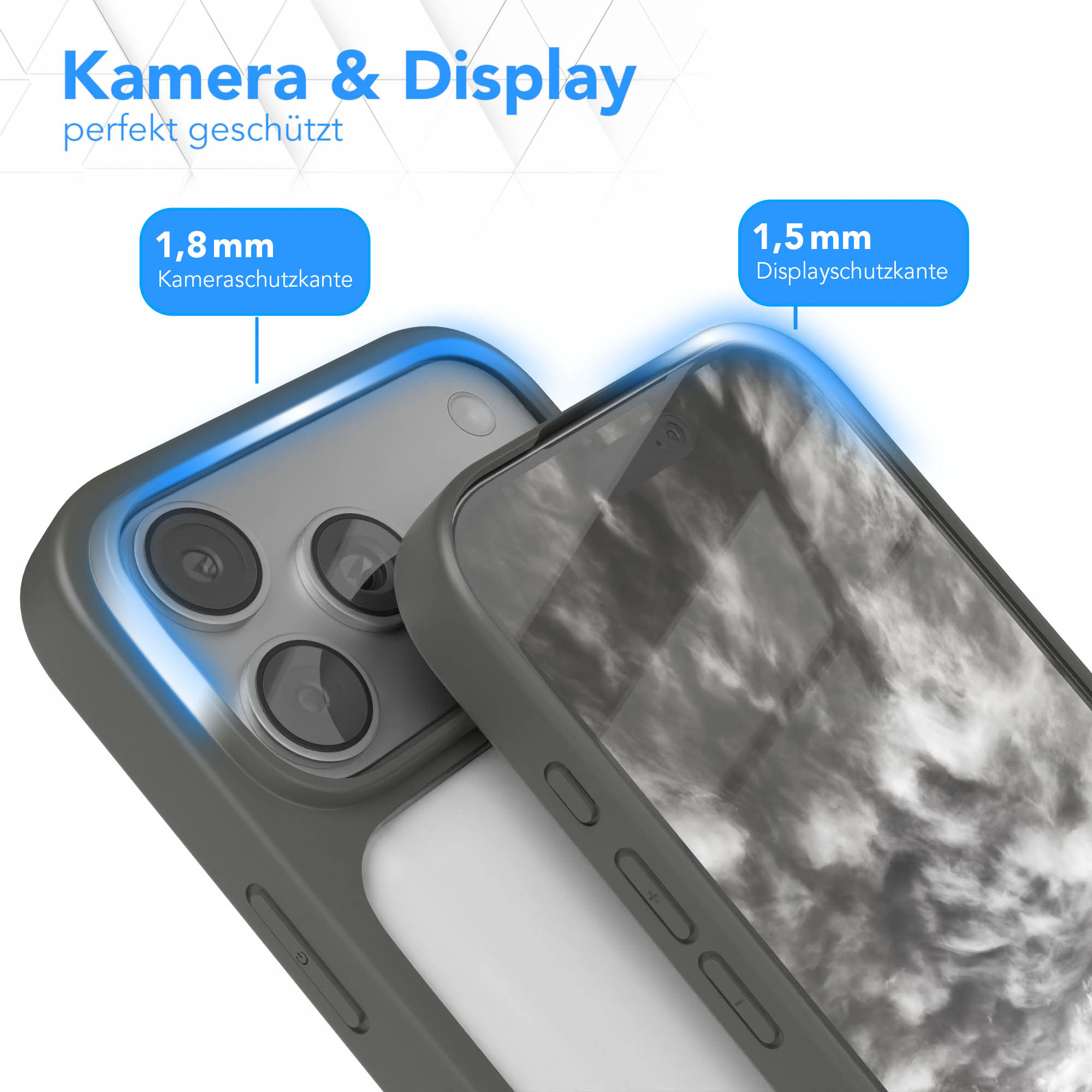 Eine Handyhülle schützt Kamera und Display. Text hebt 1,8 mm und 1,5 mm Schutz hervor. Graue Hülle mit Handy darin.