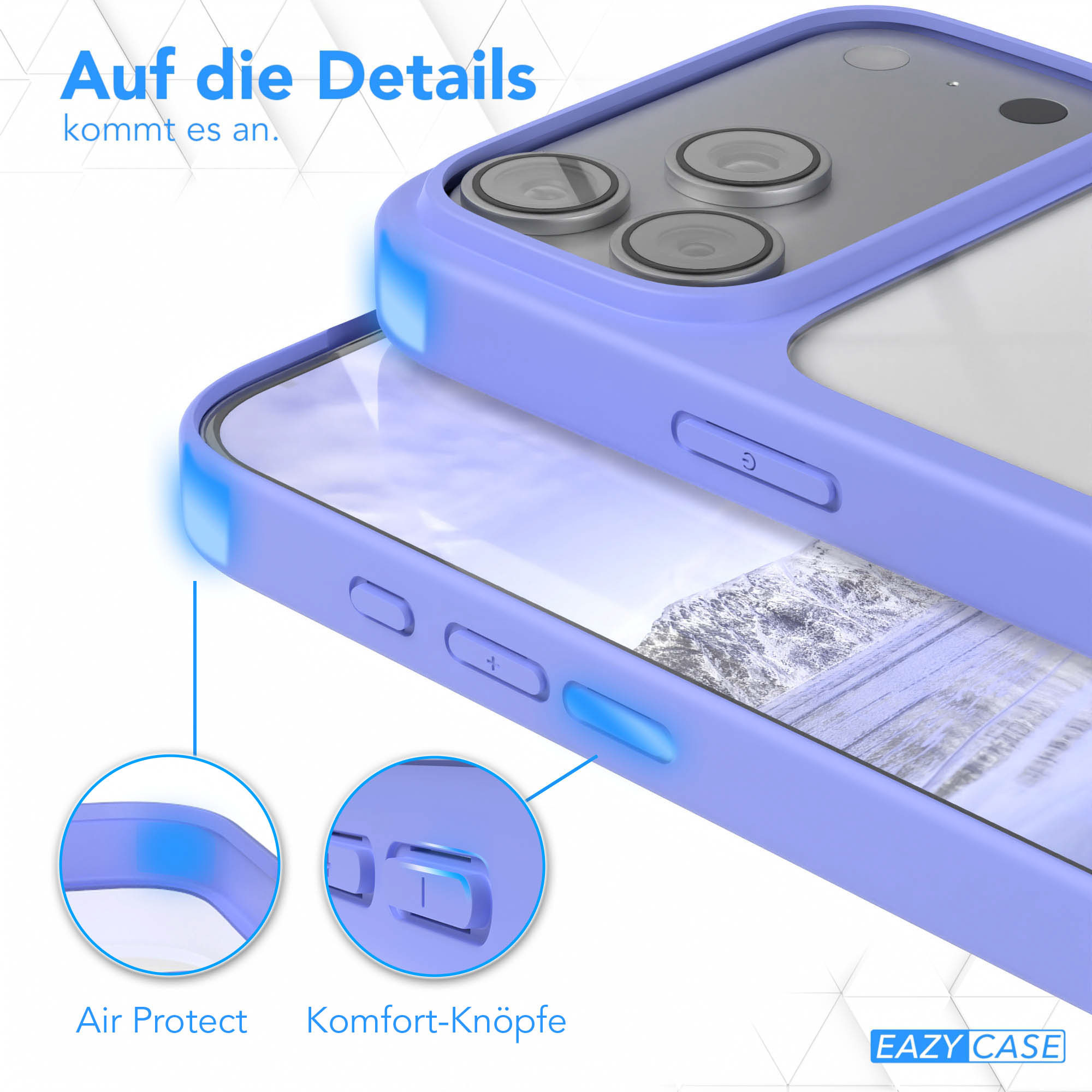 Nahaufnahme einer hellvioletten Handyhülle mit hervorgehobenen Details wie Knöpfen und Kameraausschnitten.