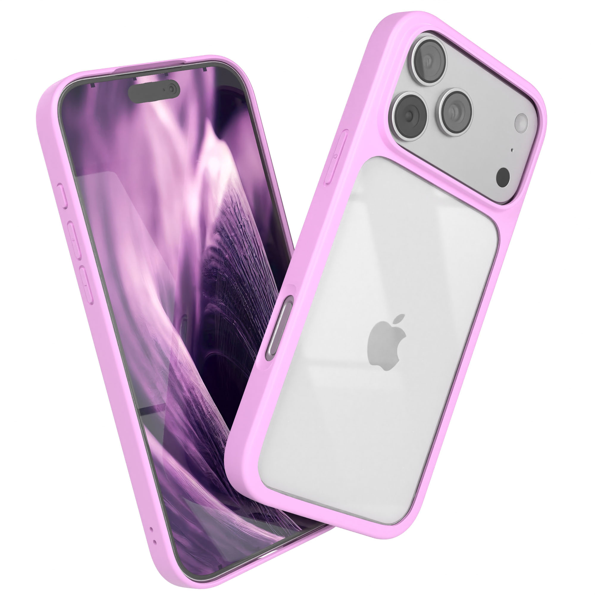 Zwei rosa Handyhüllen, eine mit dem Telefon. Beide sind abgewinkelt. Eine Hülle ist transparent.