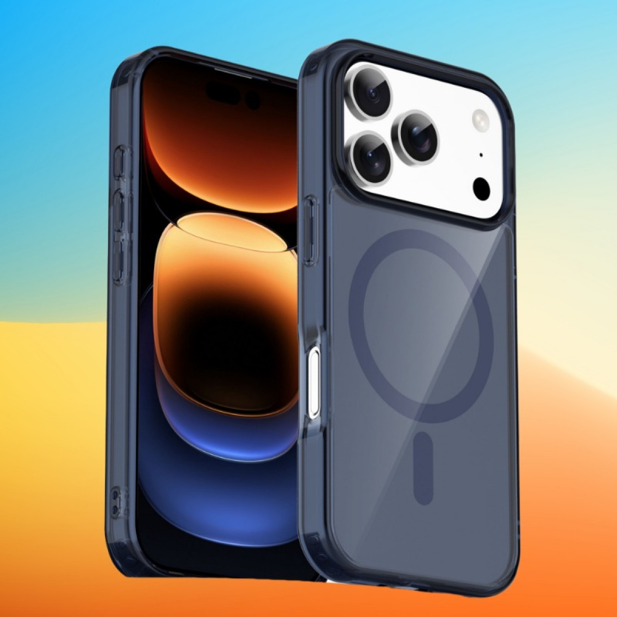 Zwei Smartphones in Schutzhüllen. Eine Hülle ist transparent und zeigt die Rückseite des Telefons. Die andere hat eine blaue Hülle.