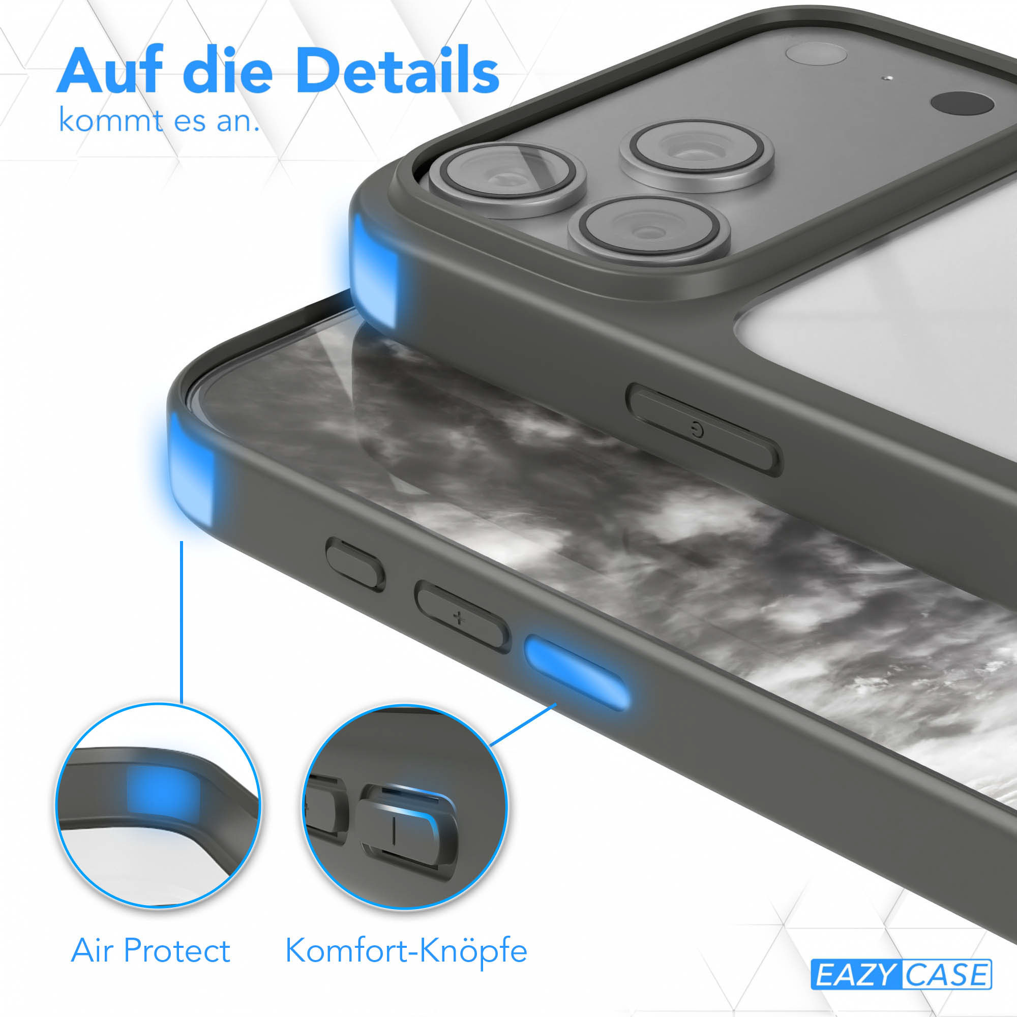 Nahaufnahme einer Handyhülle mit Details zu Luftschutz und Komforttasten sowie dem Markennamen.