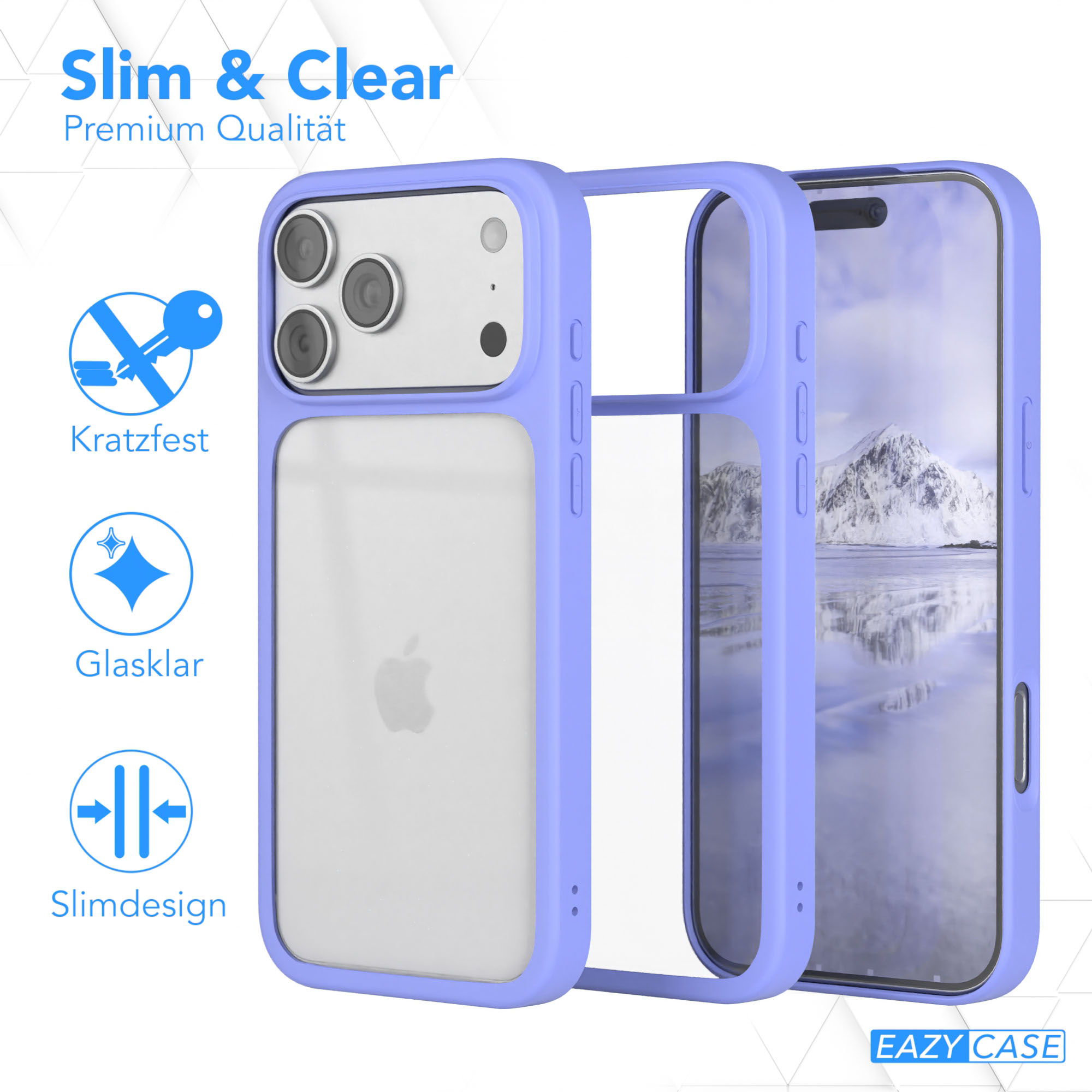 Eine Handyhülle mit transparentem Rücken und hellviolettem Rahmen. Der Bildschirm zeigt einen schneebedeckten Berg.