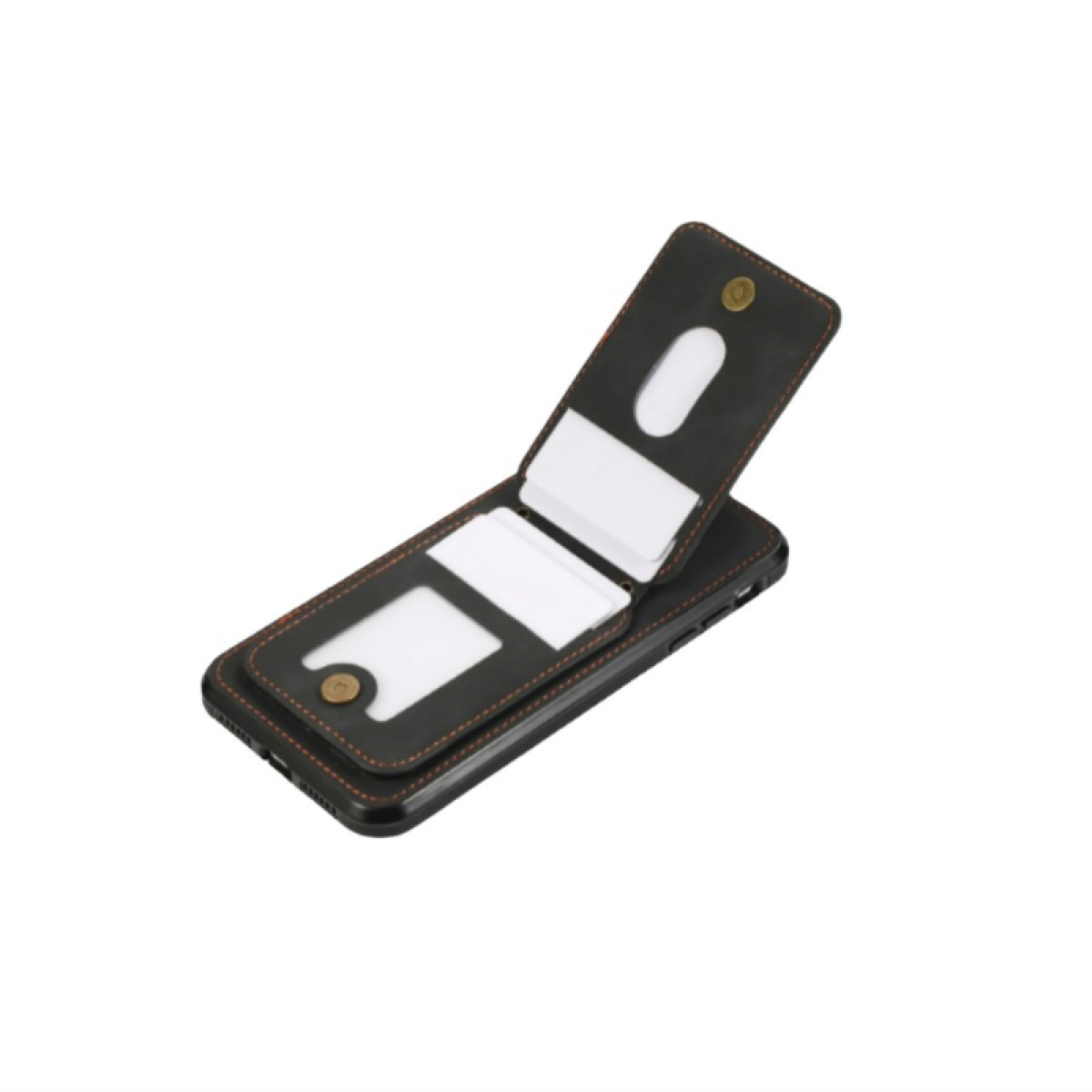 Custodia per telefono nera con scomparti per carte. La custodia è aperta, rivelando carte bianche. Cuciture arancioni e un bottone dorato sono visibili.