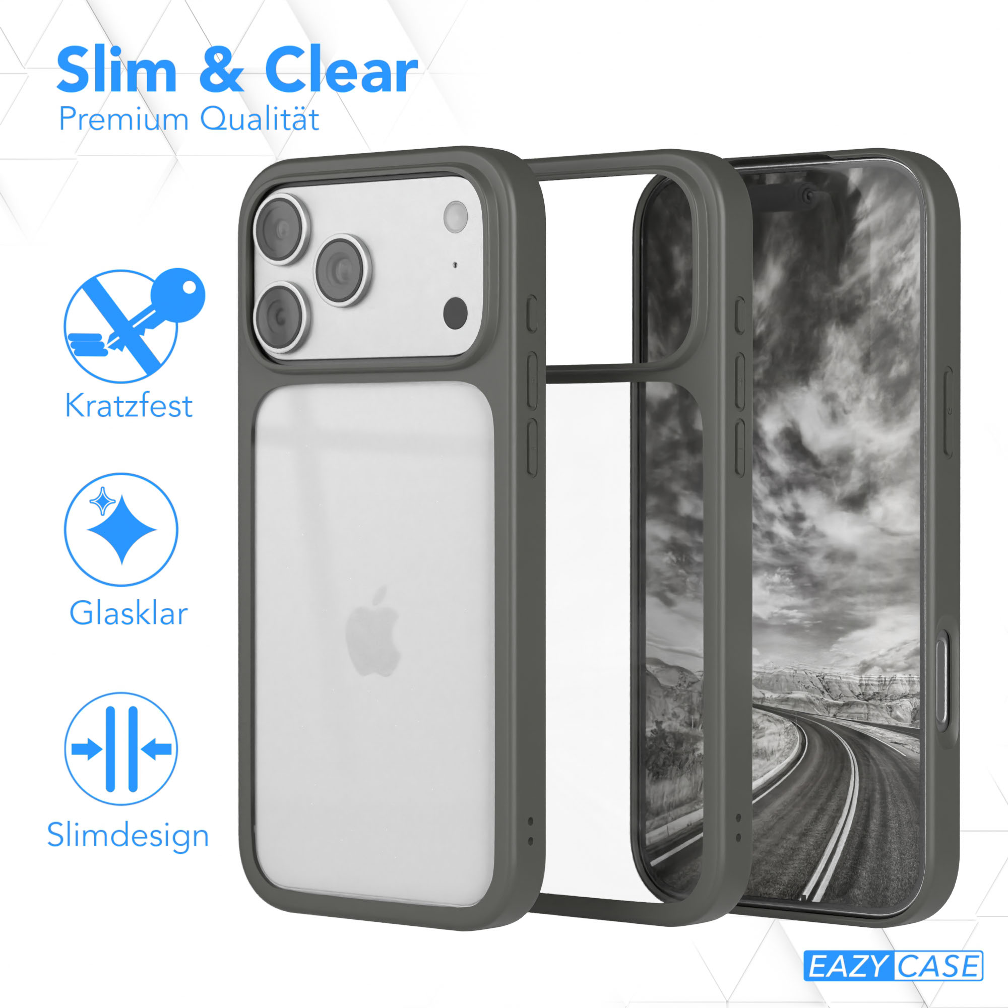 Eine Handyhülle wird gezeigt, wobei ihre Teile getrennt dargestellt werden. Merkmale sind beschriftet: Slim & Clear, Kratzfest, Glasklar, Slimdesign.