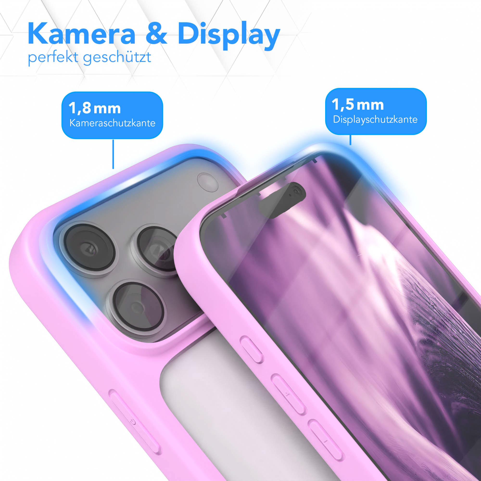 Rosa Handyhülle mit Kamera- und Bildschirmschutz. Text: Kamera & Display perfekt geschützt.