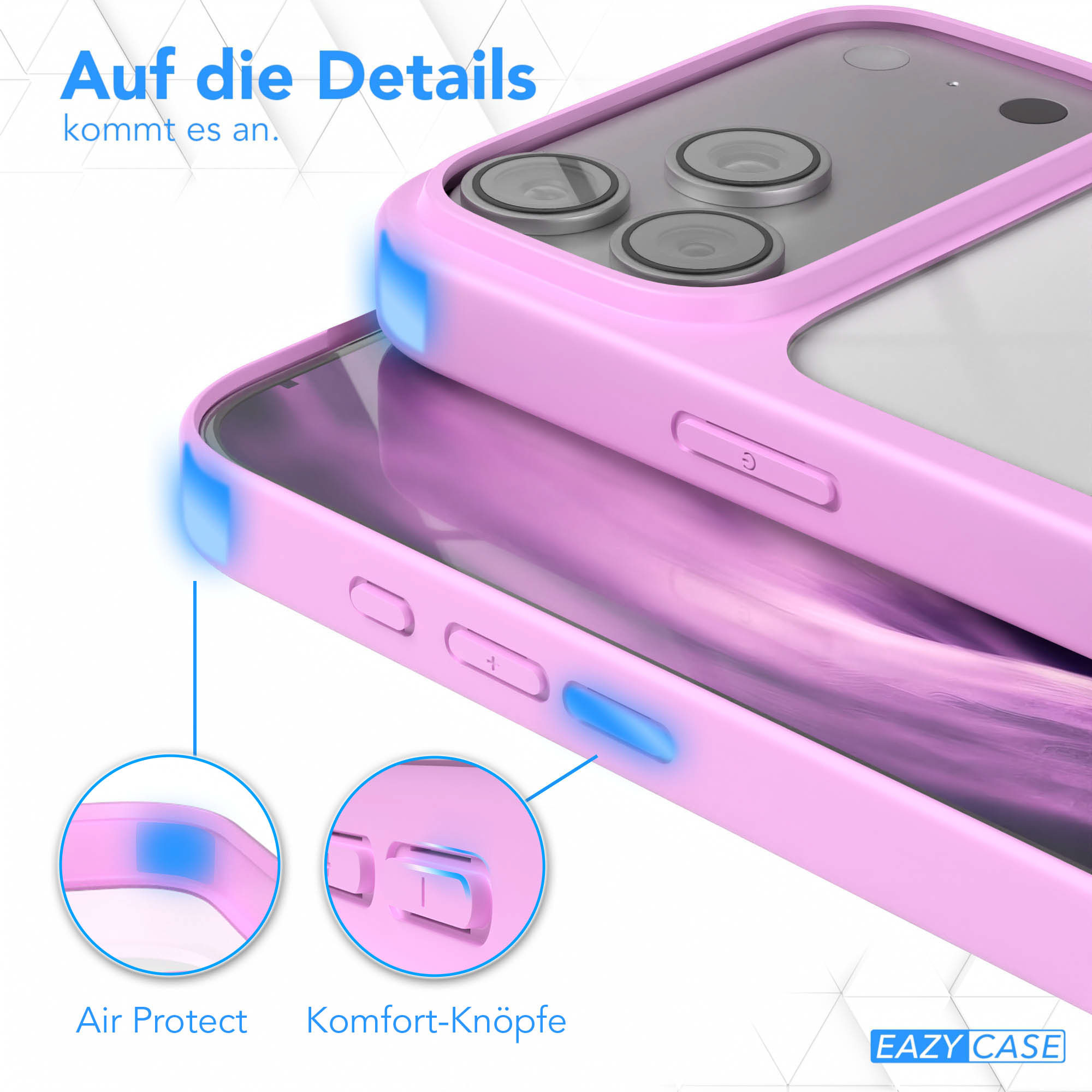 Rosa Handyhülle mit durchsichtigem Rücken. Merkmale sind Air Protect und Komfortknöpfe. Text: 'Auf die Details kommt es an.'