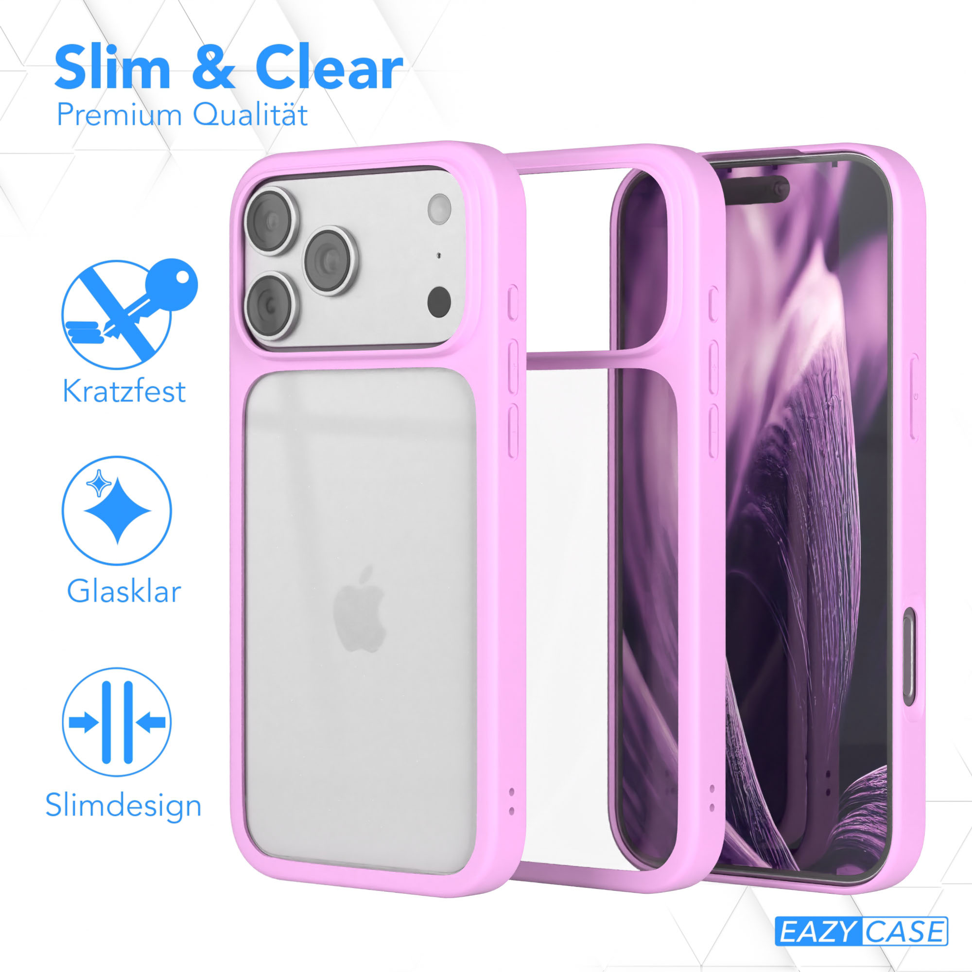 Eine rosa Handyhülle mit einem Telefon darin wird angezeigt, mit dem Text 'Slim & Clear' und anderen Funktionen.