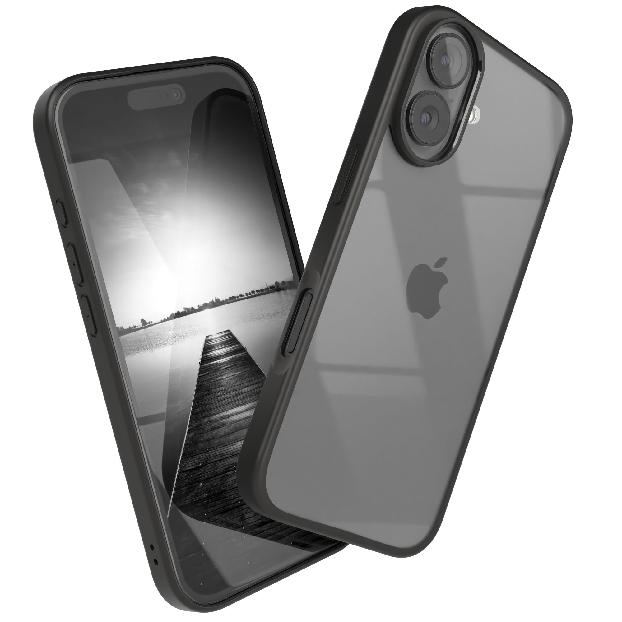 Zwei Smartphones mit Hüllen. Eines zeigt einen Steg über Wasser in Graustufen. Das andere ein Apple-Logo.