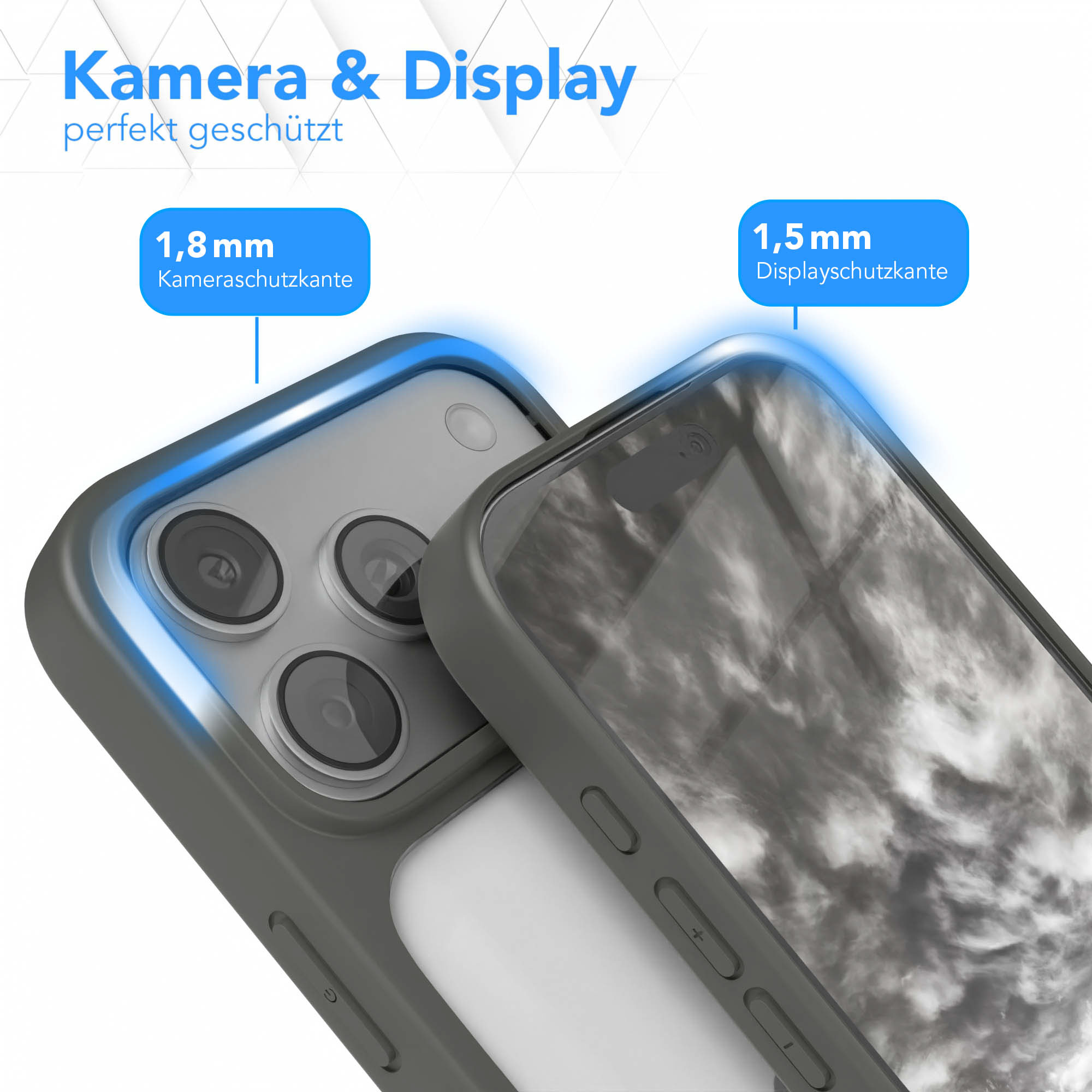 Handyhülle mit Kamera- und Displayschutz. Graue Hülle mit Handy, Nahaufnahme. Blaue Markierung.