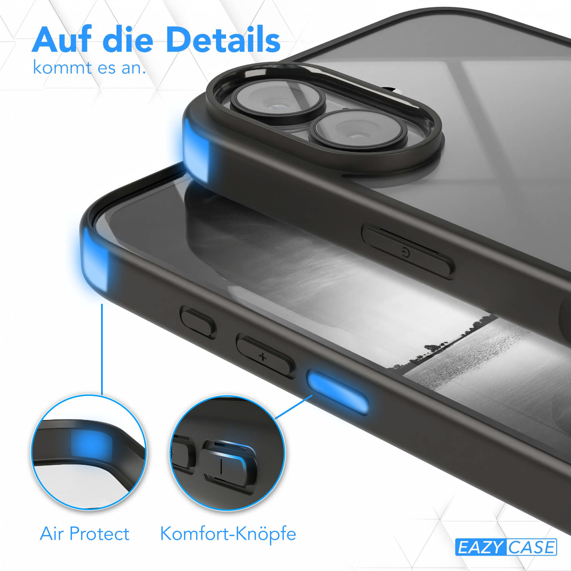Nahaufnahme einer Handyhülle mit blauen Akzenten. Merkmale sind Air Protect, Komfortknöpfe. Text: Auf die Details, EAZY CASE.
