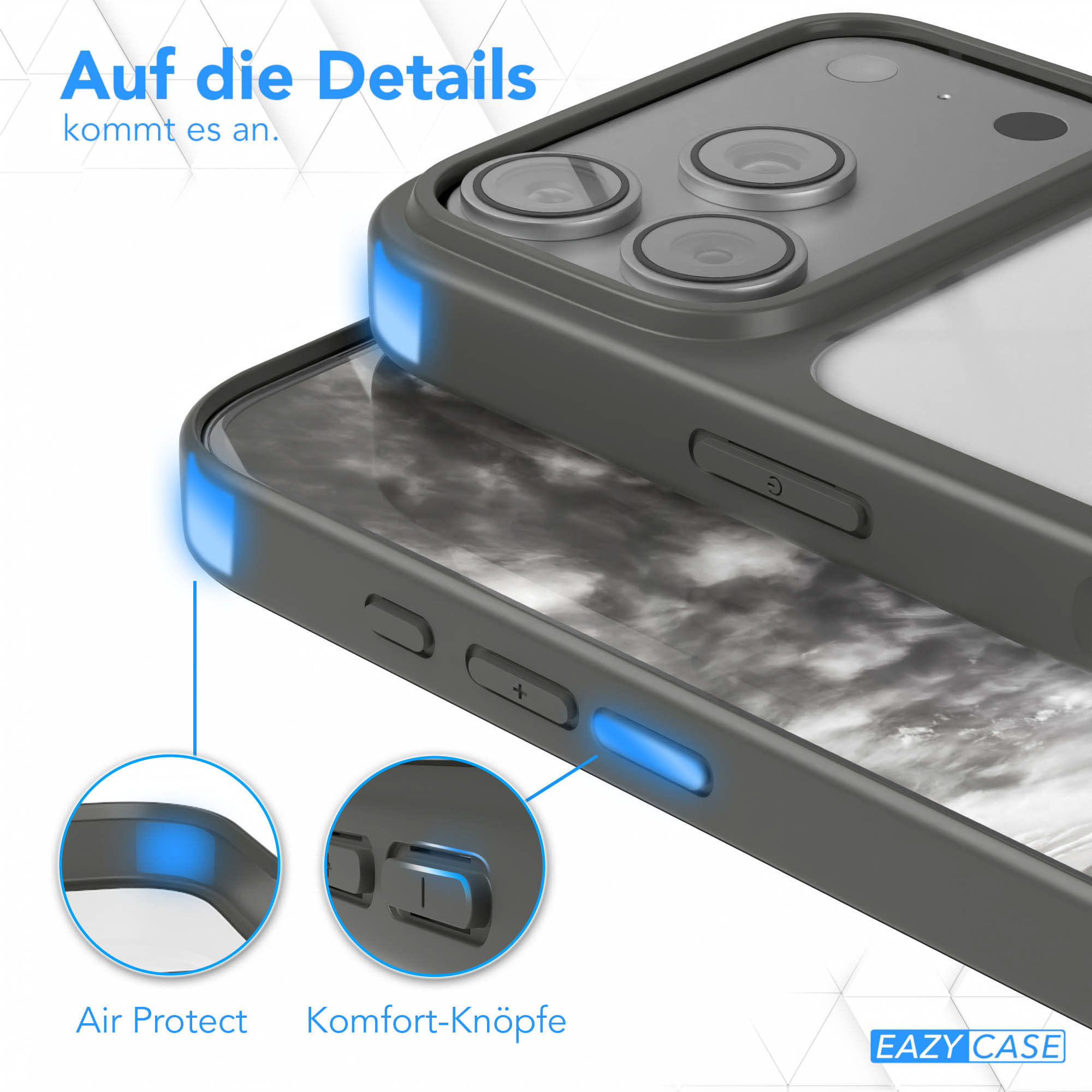 Nahaufnahme von zwei Telefonhüllen, eine über der anderen, mit Designdetails. Blaue Markierungen zeigen Schutzfunktionen.