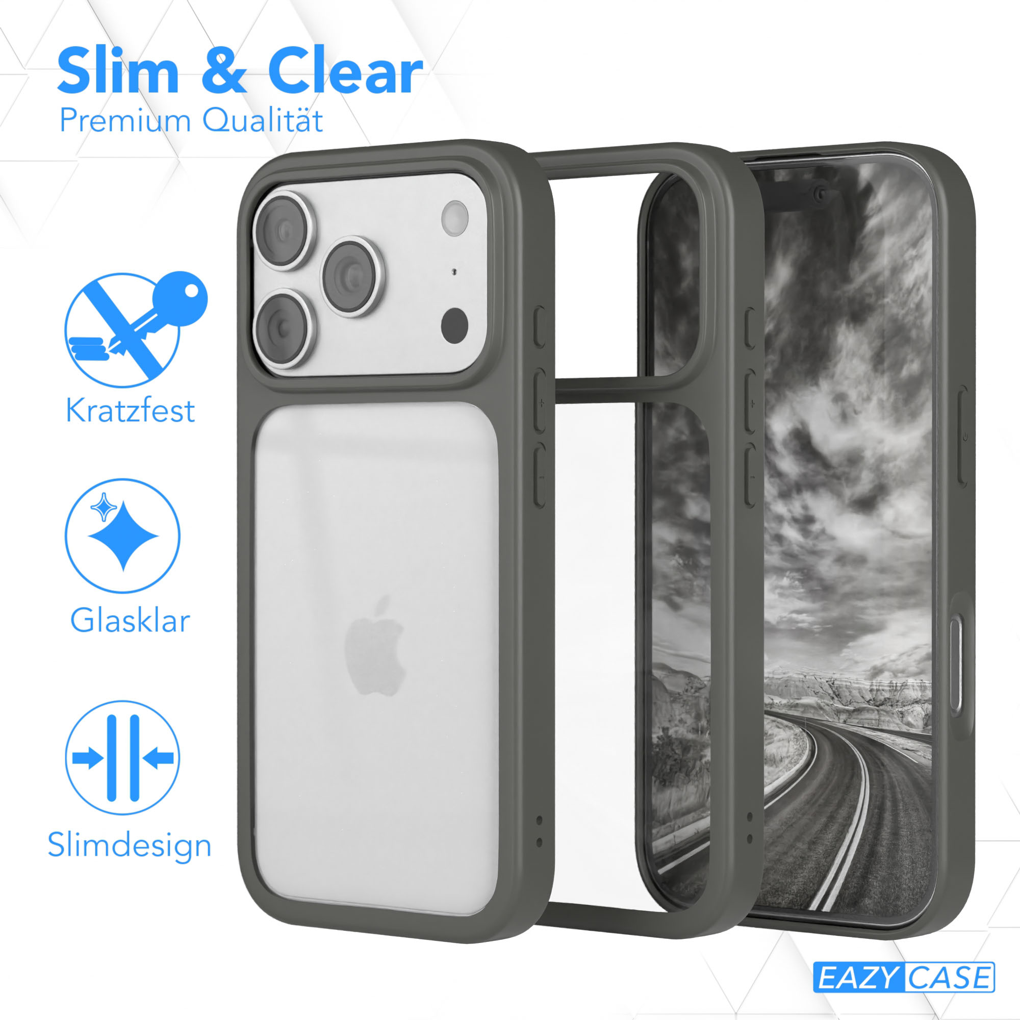Handyhülle mit durchsichtigem Rücken und grauem Rahmen. Das Telefon zeigt eine Straßenszene. Text auf dem Gehäuse: Slim & Clear.