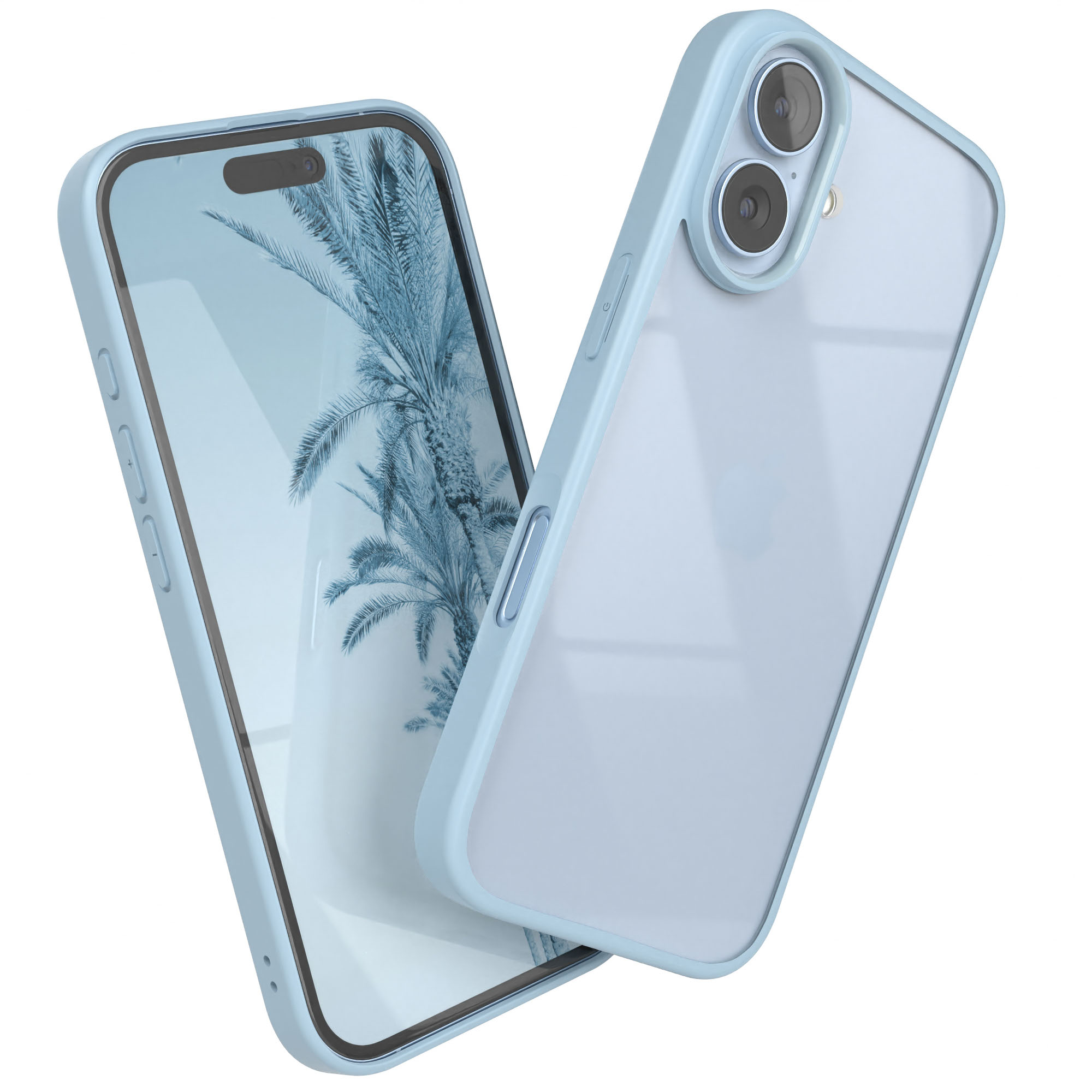 Zwei Smartphones in hellblauen Hüllen. Eines zeigt ein Palmenbild. Beide vor weißem Hintergrund.