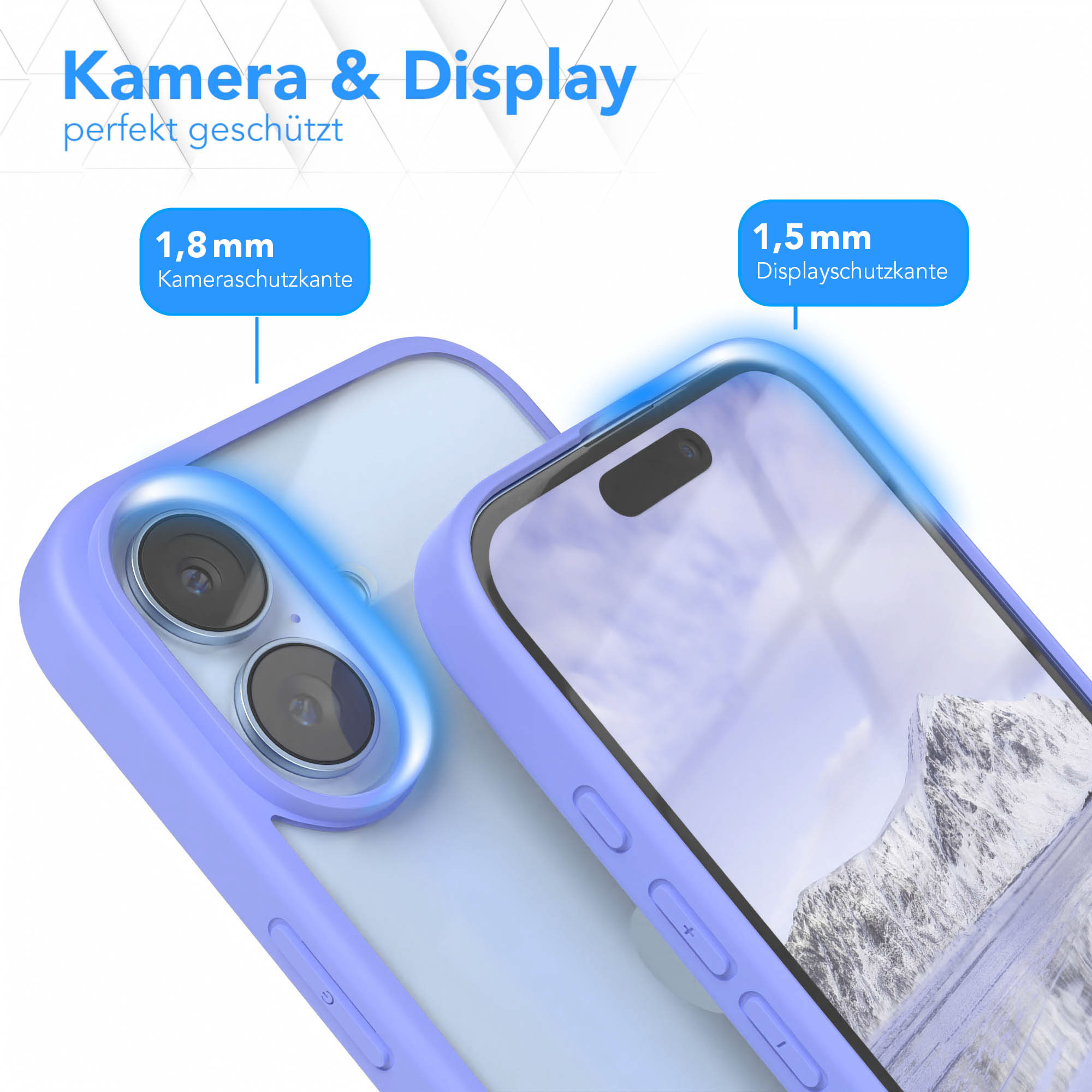 Zwei Telefone in lavendelfarbenen Hüllen, eines mit Kameralinsen, das andere mit einem Berg-Bildschirm. Text: 'Kamera & Display'.
