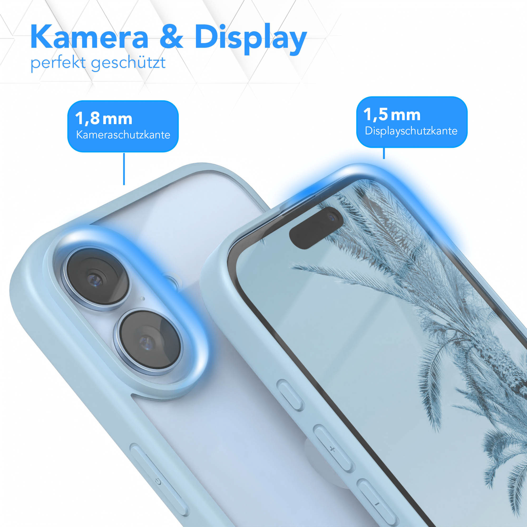 Zwei hellblaue Handyhüllen, eine mit sichtbarer Kamera. Text weist auf Kamera- und Displayschutz hin.