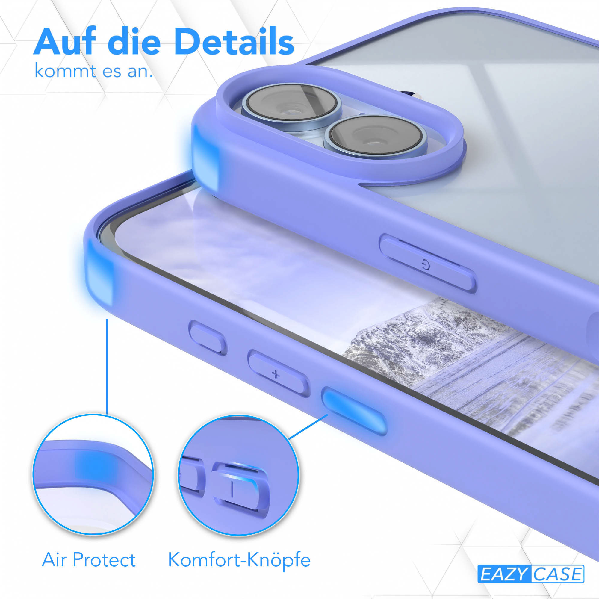 Nahaufnahme einer lilafarbenen Handyhülle mit Knöpfen und Kameradetails. Text sagt 'Air Protect' und 'Komfort-Knöpfe'.