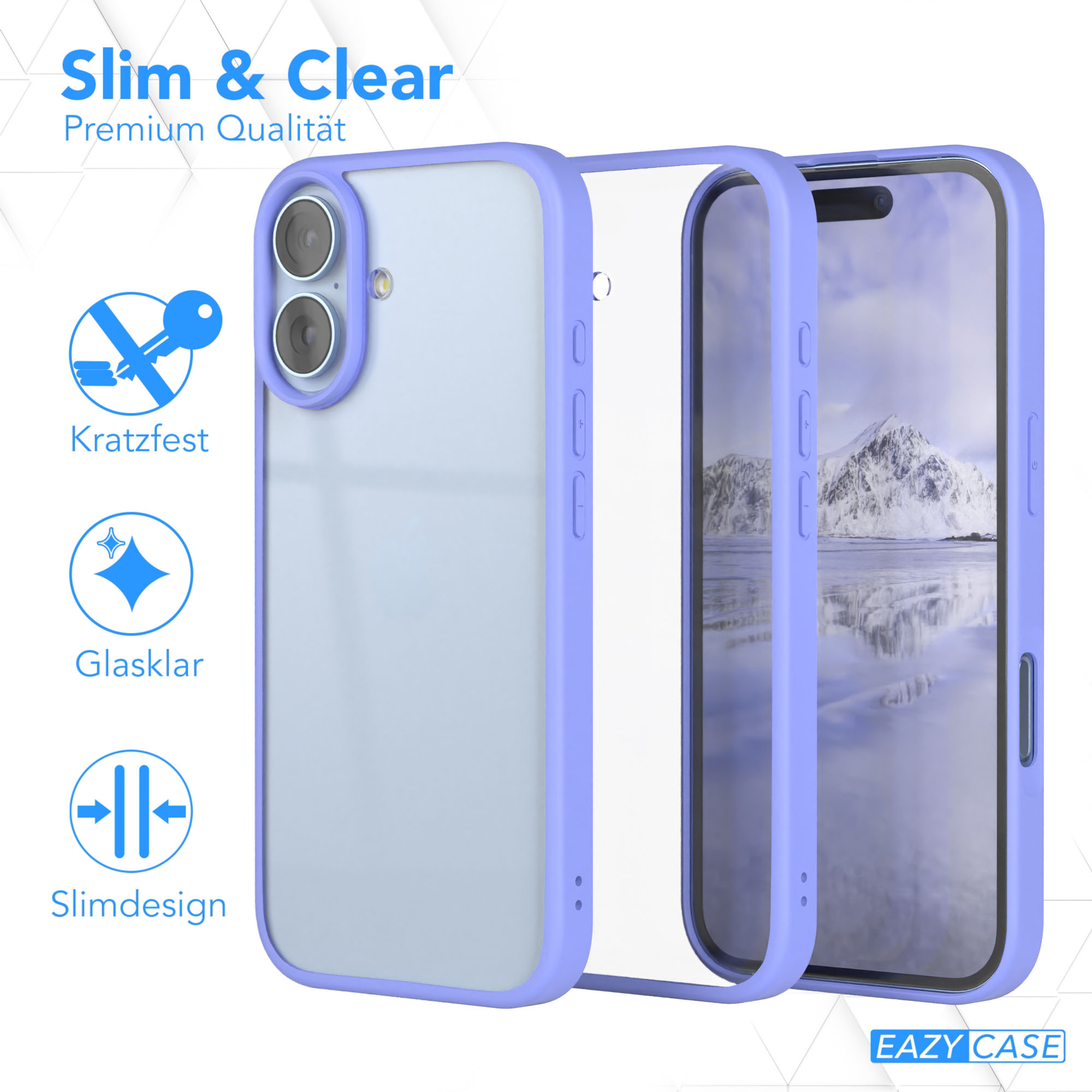 Eine Handyhülle mit lila Rahmen. Das Telefon zeigt eine schneebedeckte Berglandschaft. Text sagt Slim & Clear.