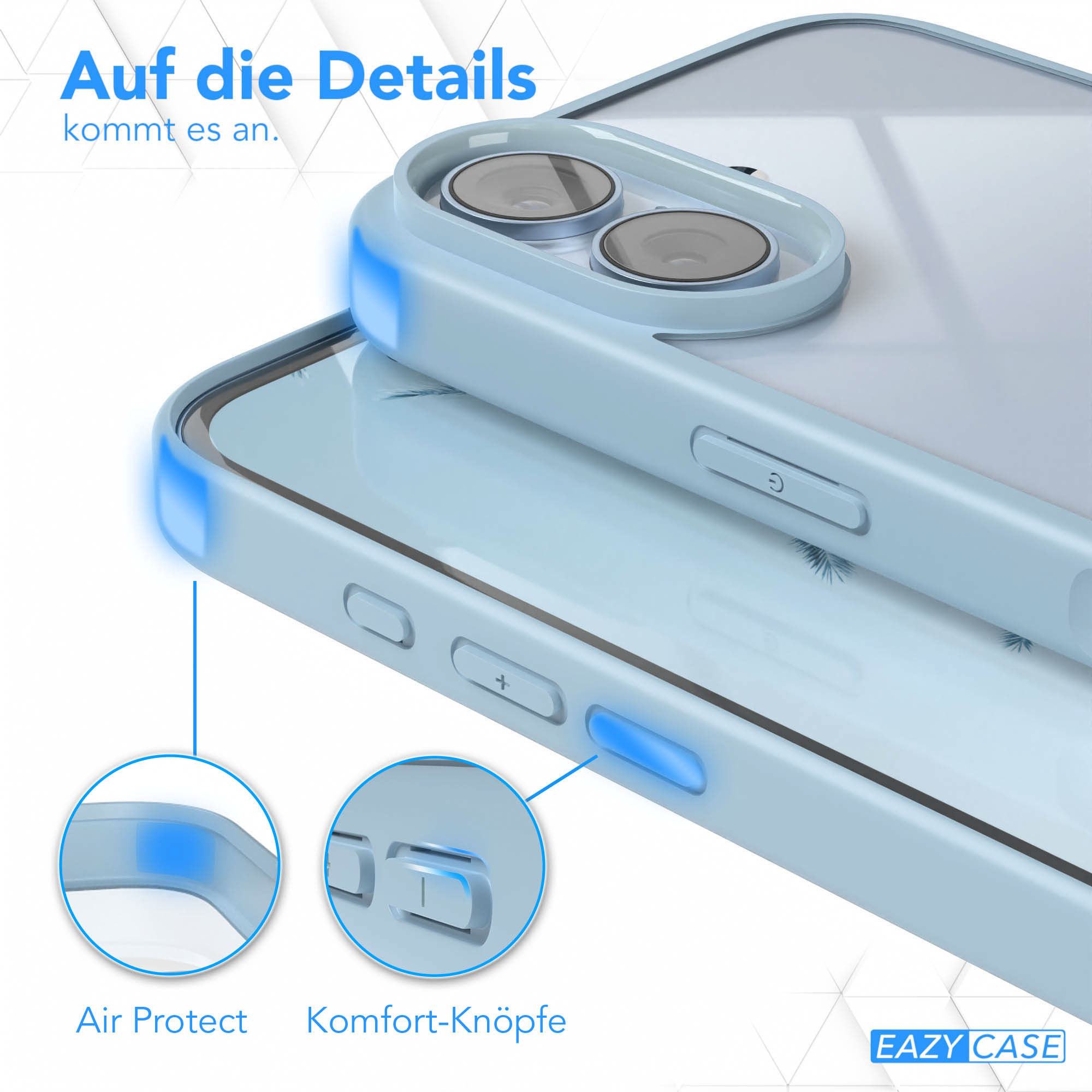 Nahaufnahme einer hellblauen Handyhülle mit Details, einschließlich Kameralöchern, Knöpfen und Air Protect.