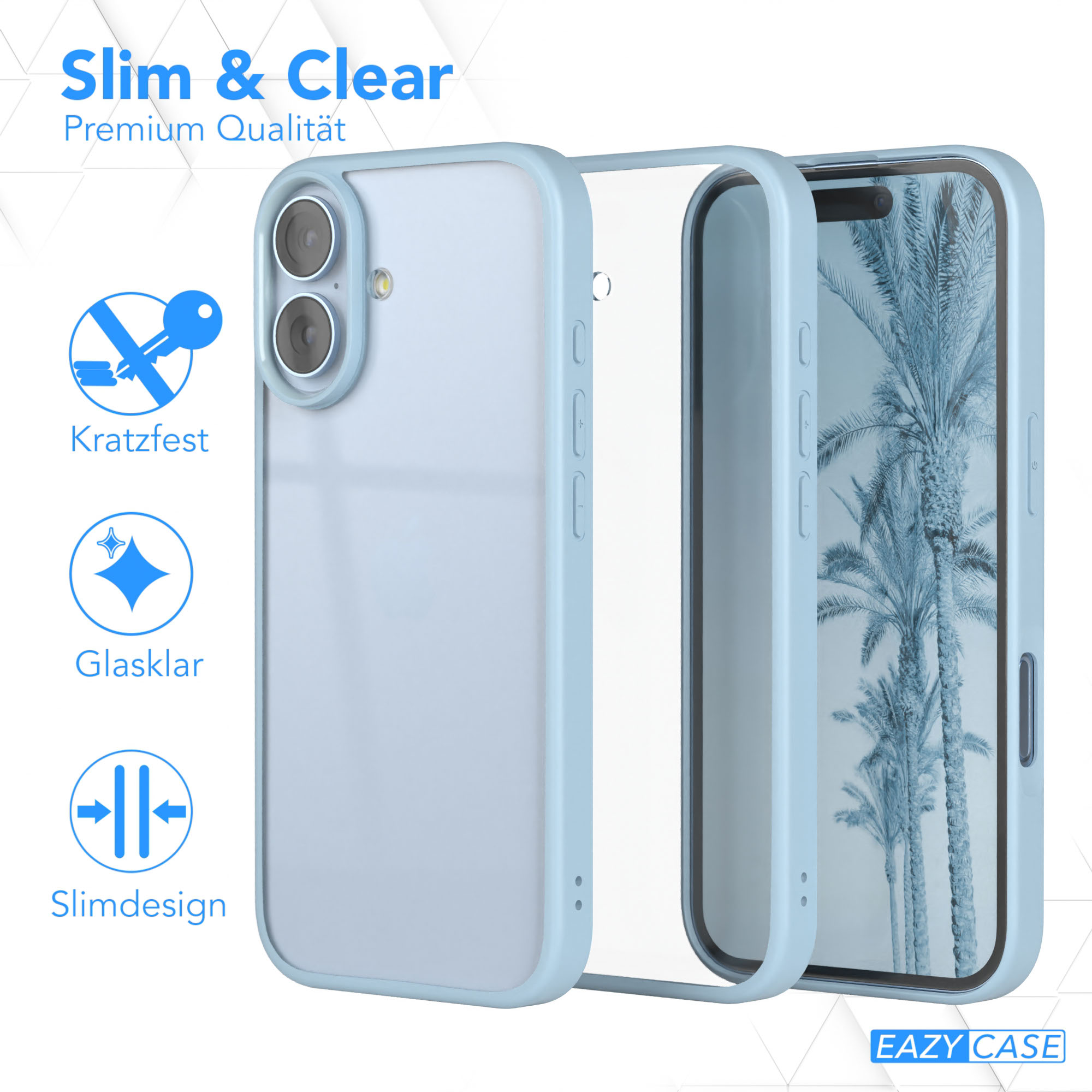 Gezeigt wird eine Handyhülle, hellblauer Rahmen, transparente Rückseite, mit einem Handy mit Palmen. Text: Slim & Clear, Eazy Case.