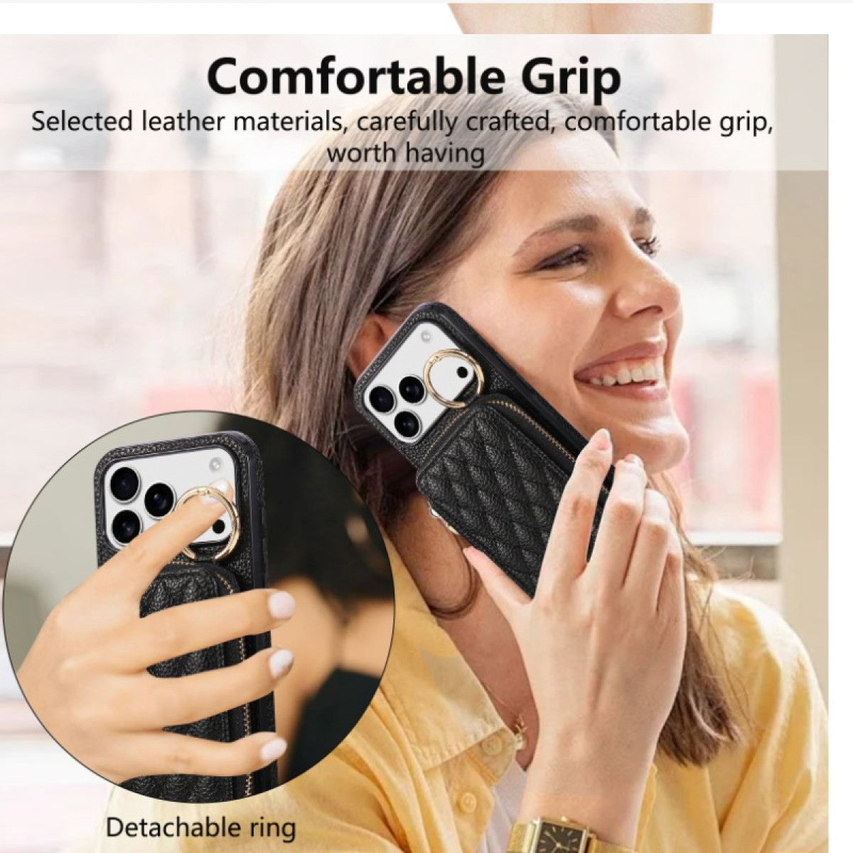 Eine Frau lächelt und hält eine schwarze Handyhülle mit Ring. Text: 'Comfortable Grip'.