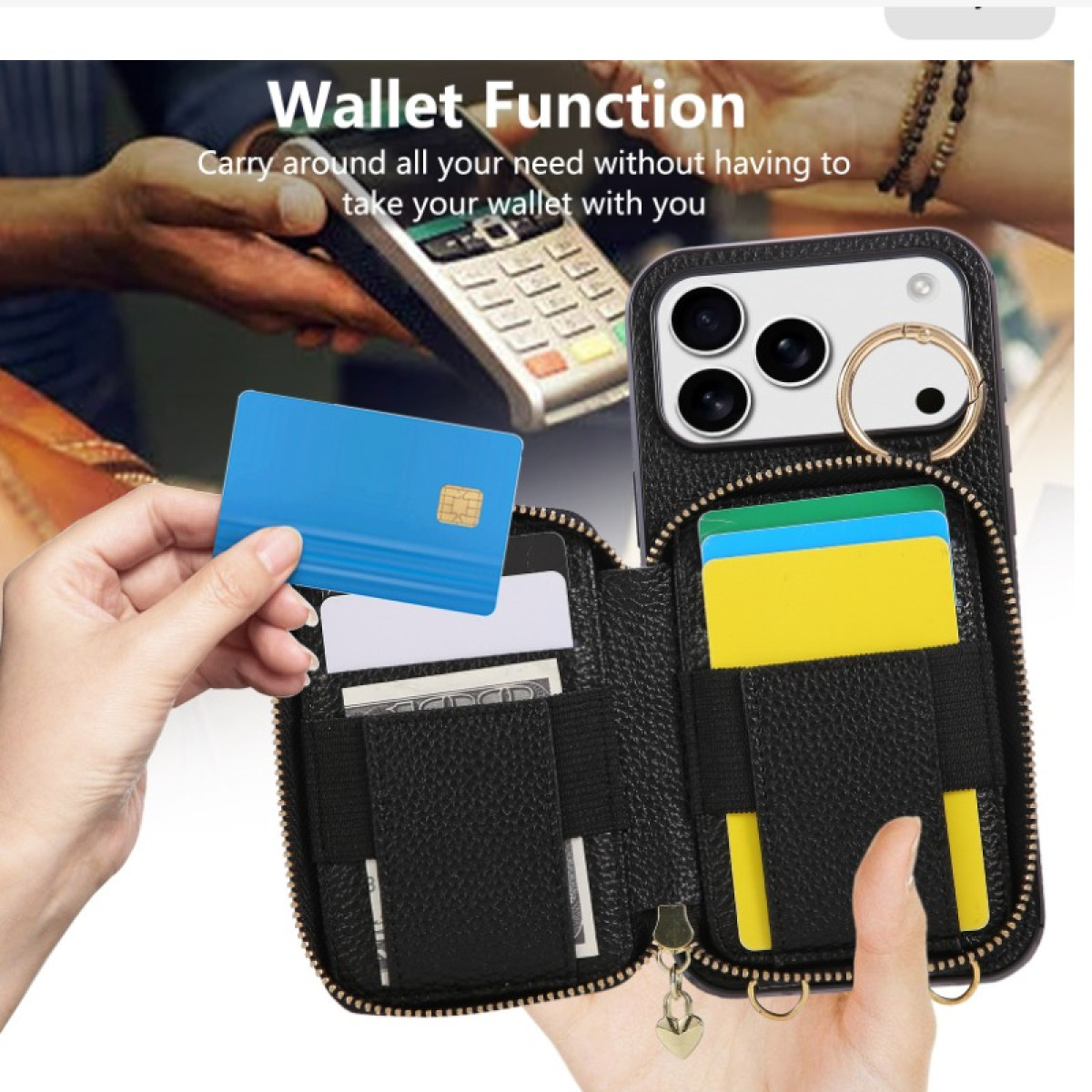 Eine Hand hält eine blaue Karte. Eine schwarze Brieftaschenhülle mit Karten und Geld ist geöffnet. Ein Telefon ist an der Hülle befestigt.