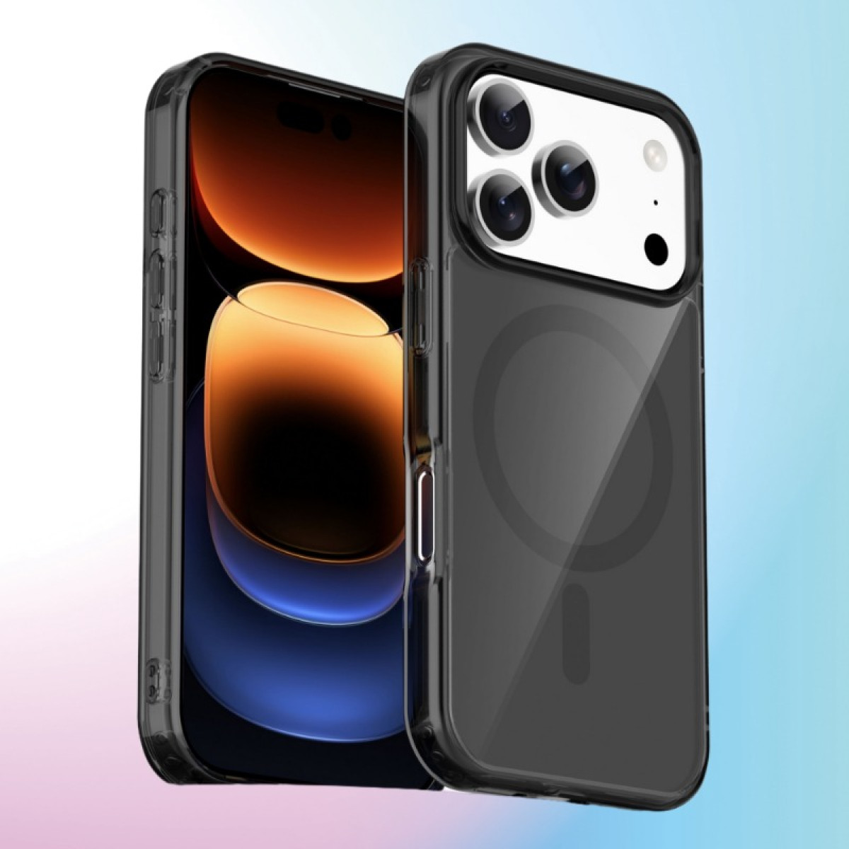 Zwei Smartphones in Schutzhüllen. Eine Hülle ist klar, die andere schwarz. Beide haben einen farbverlaufenden Hintergrund aus Blau, Rosa und Weiß.