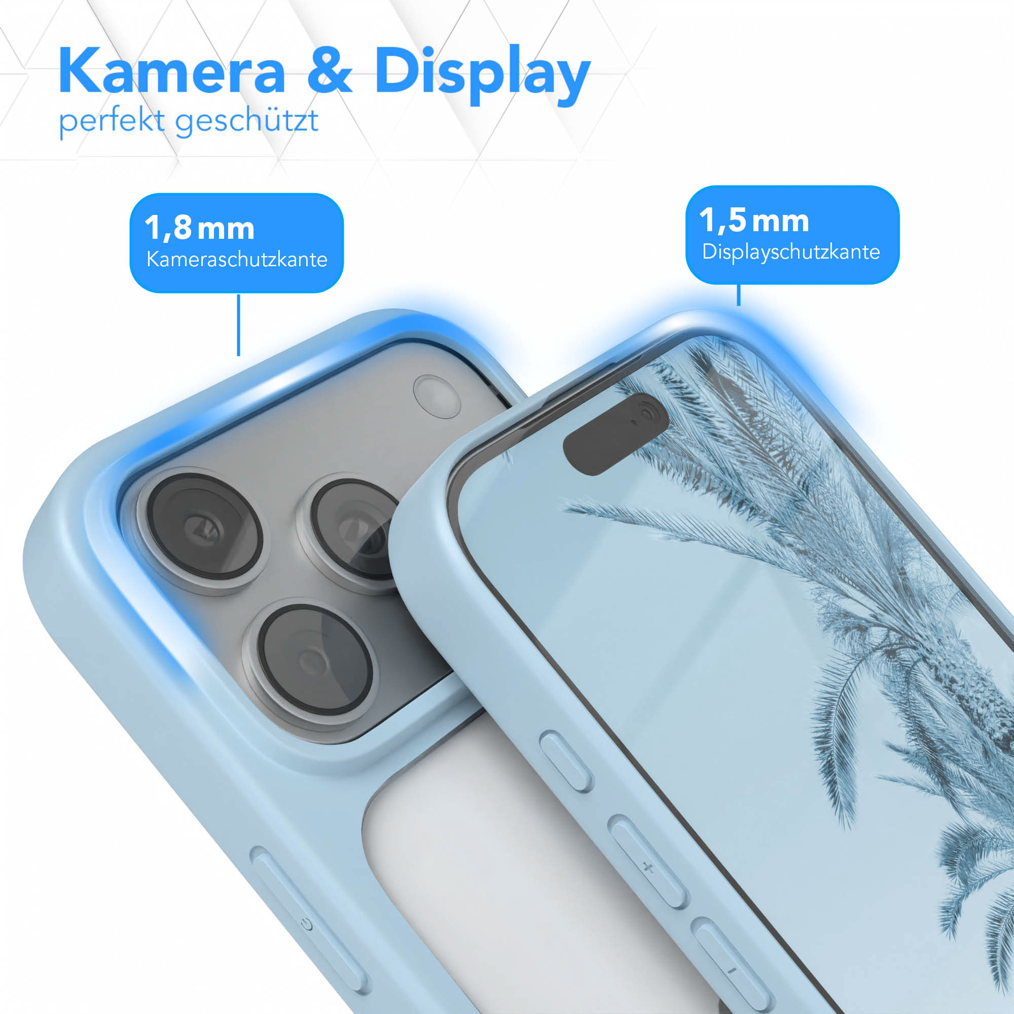 Nahaufnahme einer hellblauen Handyhülle, die ein Telefon schützt. Der Bildschirm zeigt eine Palmenreflexion.