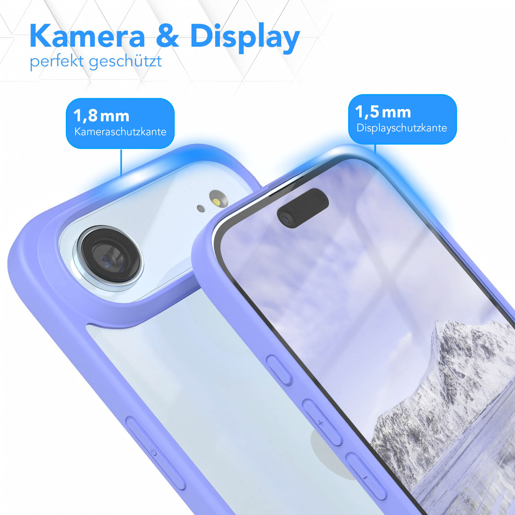 Zwei Smartphones mit lilafarbenen Hüllen, eines mit sichtbarer Kamera und das andere mit einem Berg auf dem Display.