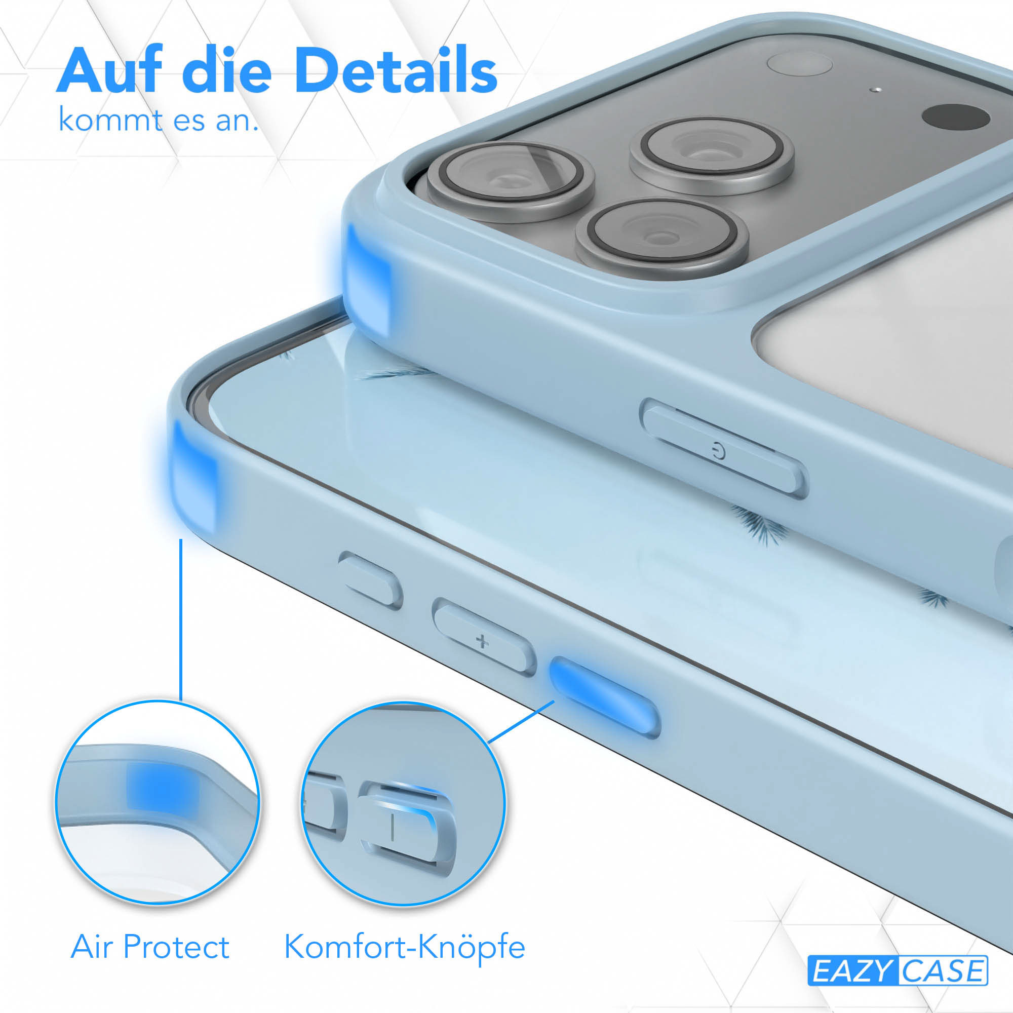 Zwei hellblaue Handyhüllen werden gezeigt, die Funktionen wie Luftschutz und Komfortknöpfe hervorheben. Der Text lautet 'Auf die Details'
