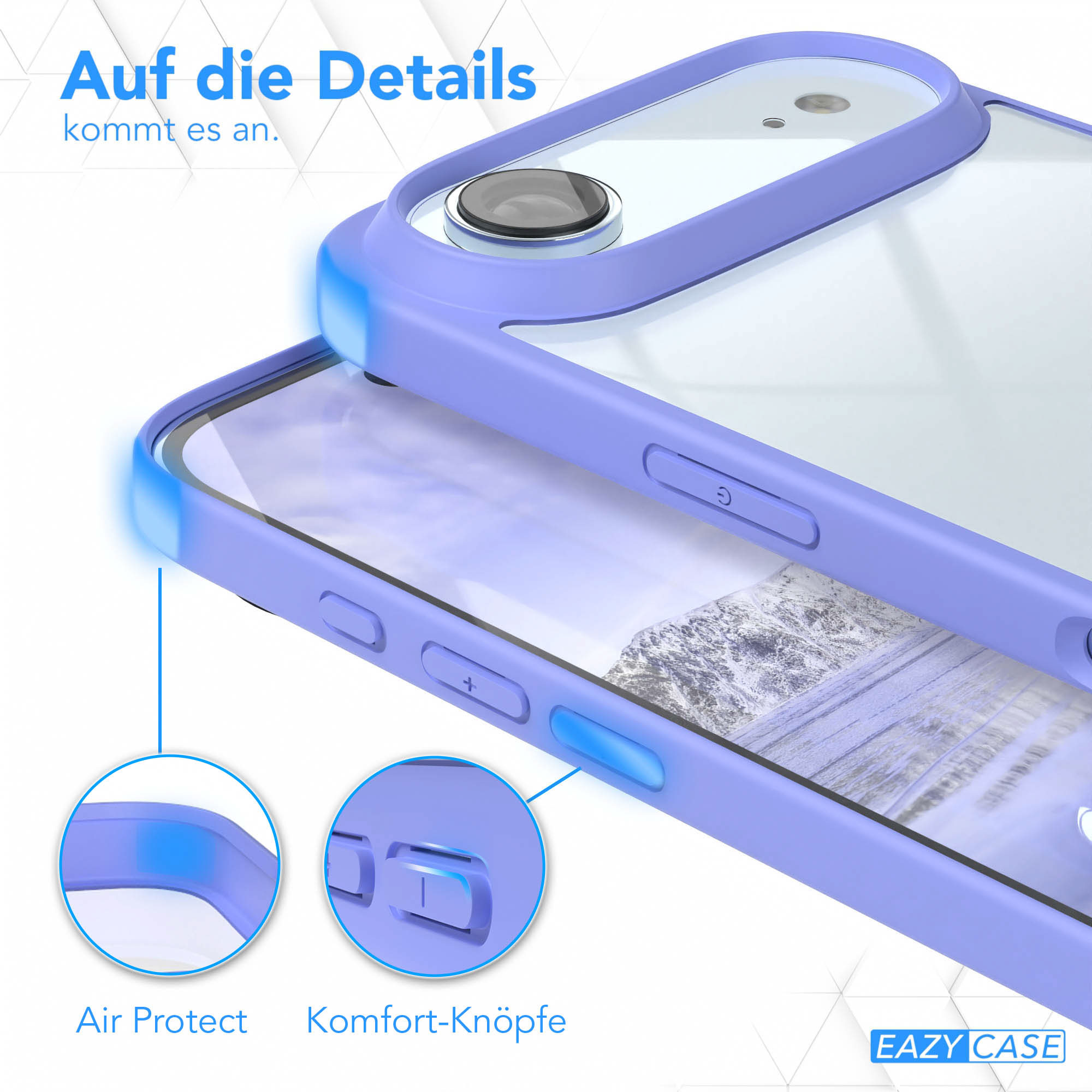 Nahaufnahme einer Handyhülle in hellem Lila. Die Hülle hat Knöpfe und ein Kameraloch. Der Text lautet 'Air Protect' und 'Komfort-Knöpfe'.