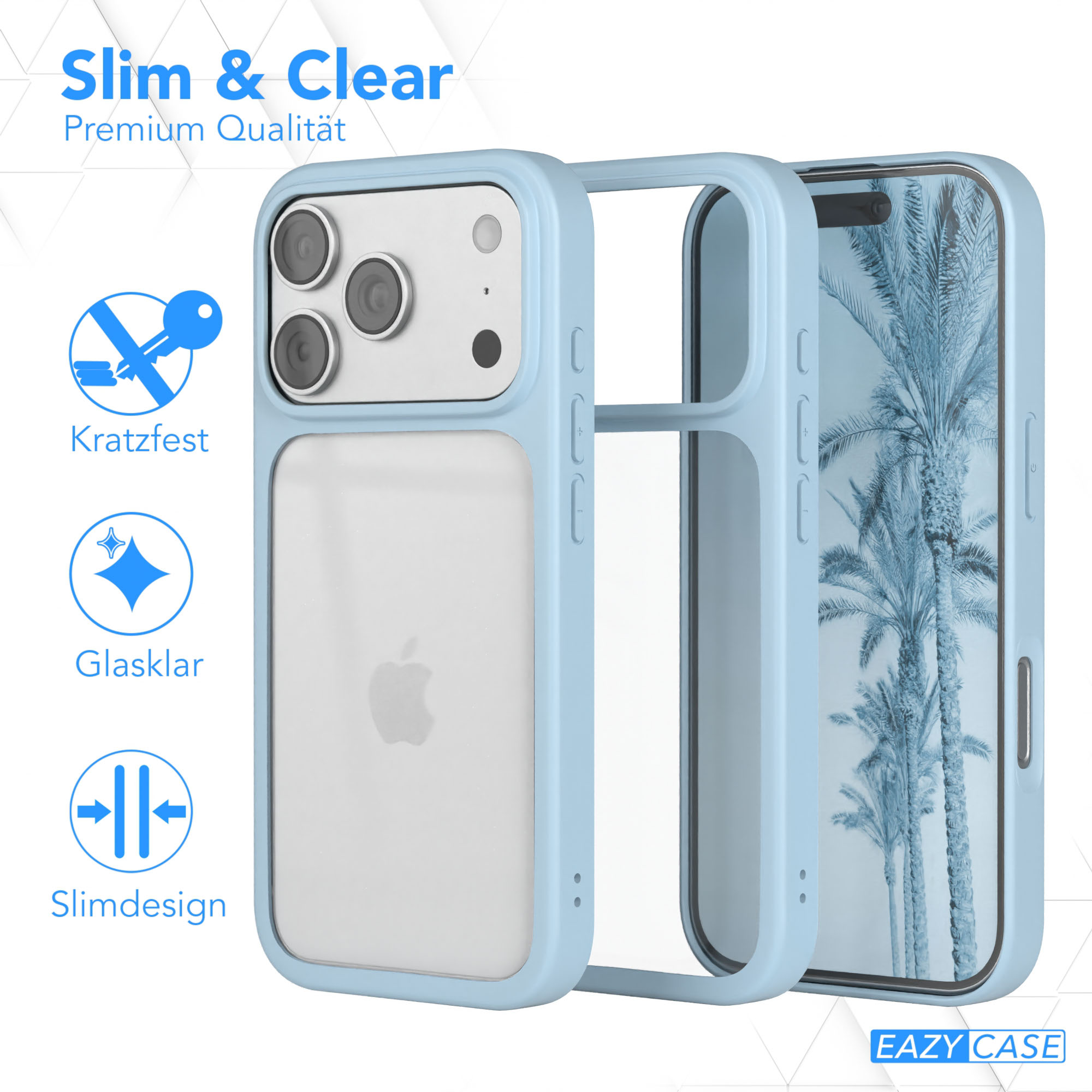 Eine hellblaue Handyhülle mit einem iPhone darin. Es hat eine transparente Rückseite und einen hellblauen Rahmen. Der Bildschirm zeigt Palmen.